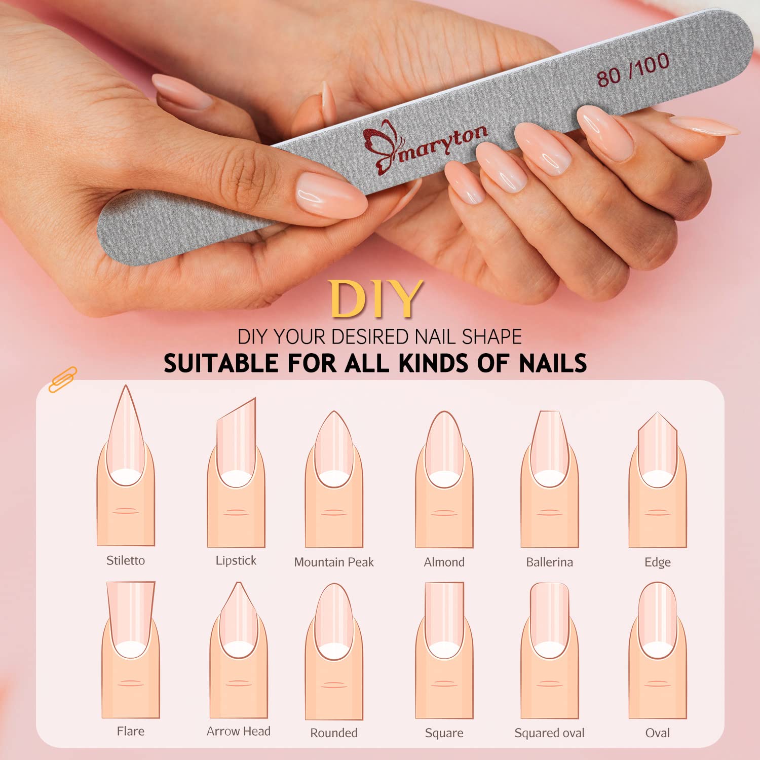 MARYTONLima de uñas para gel de extensión de uñas y uñas acrílicas de doble cara de esmeril Junta de limas de uñas Set de herramientas de manicura (20 unidades), Gris,