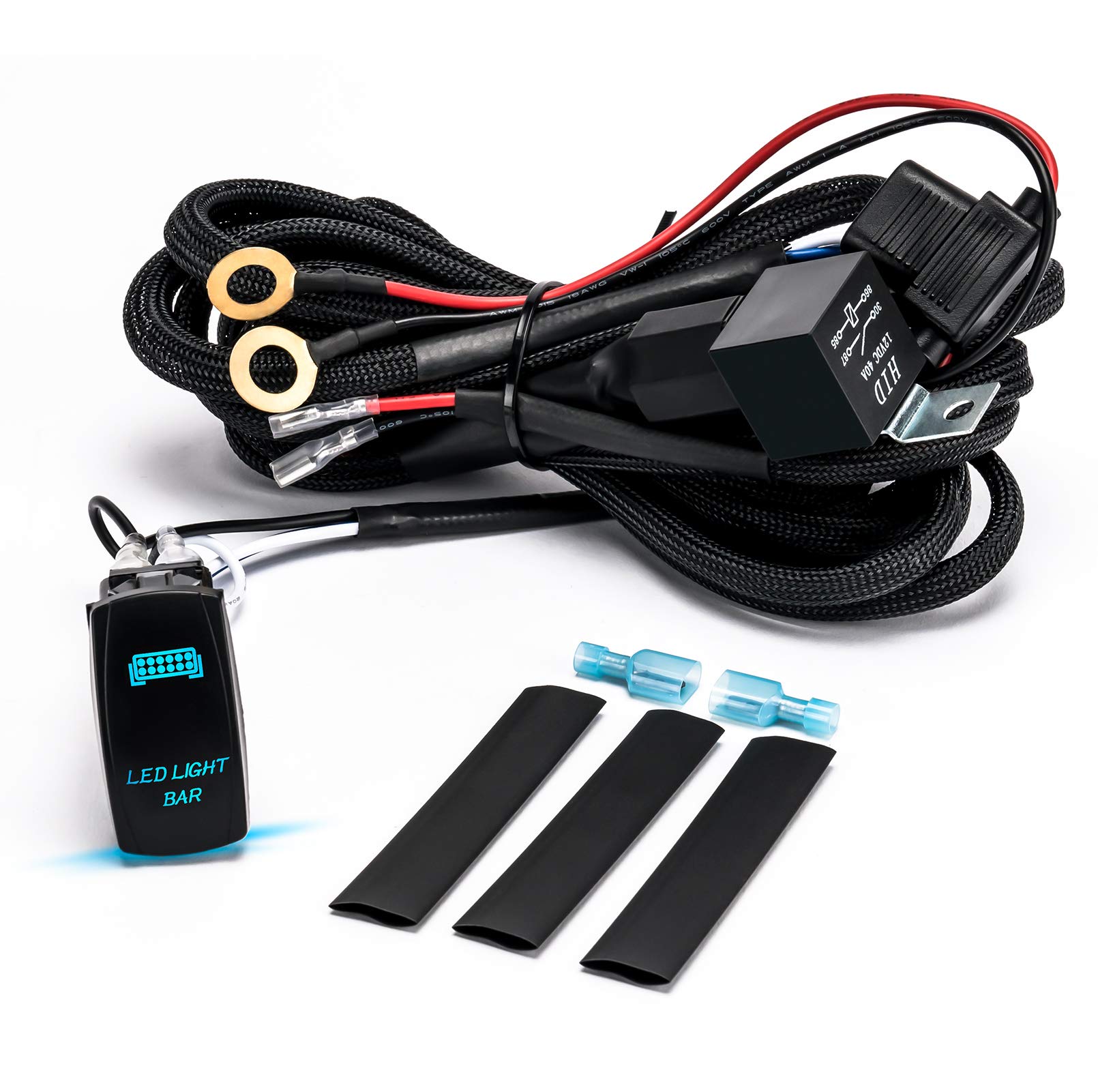 Wiring Harness with 1 Lead, 12V 40A Rocker Switch Relay Fuse Nylon Wiring Harness Kit for LED Light Bars Work Lights Offroad Driving Lights Fog Lights Cube LED Pods Wire Kit for Truck ATV UTV Boat