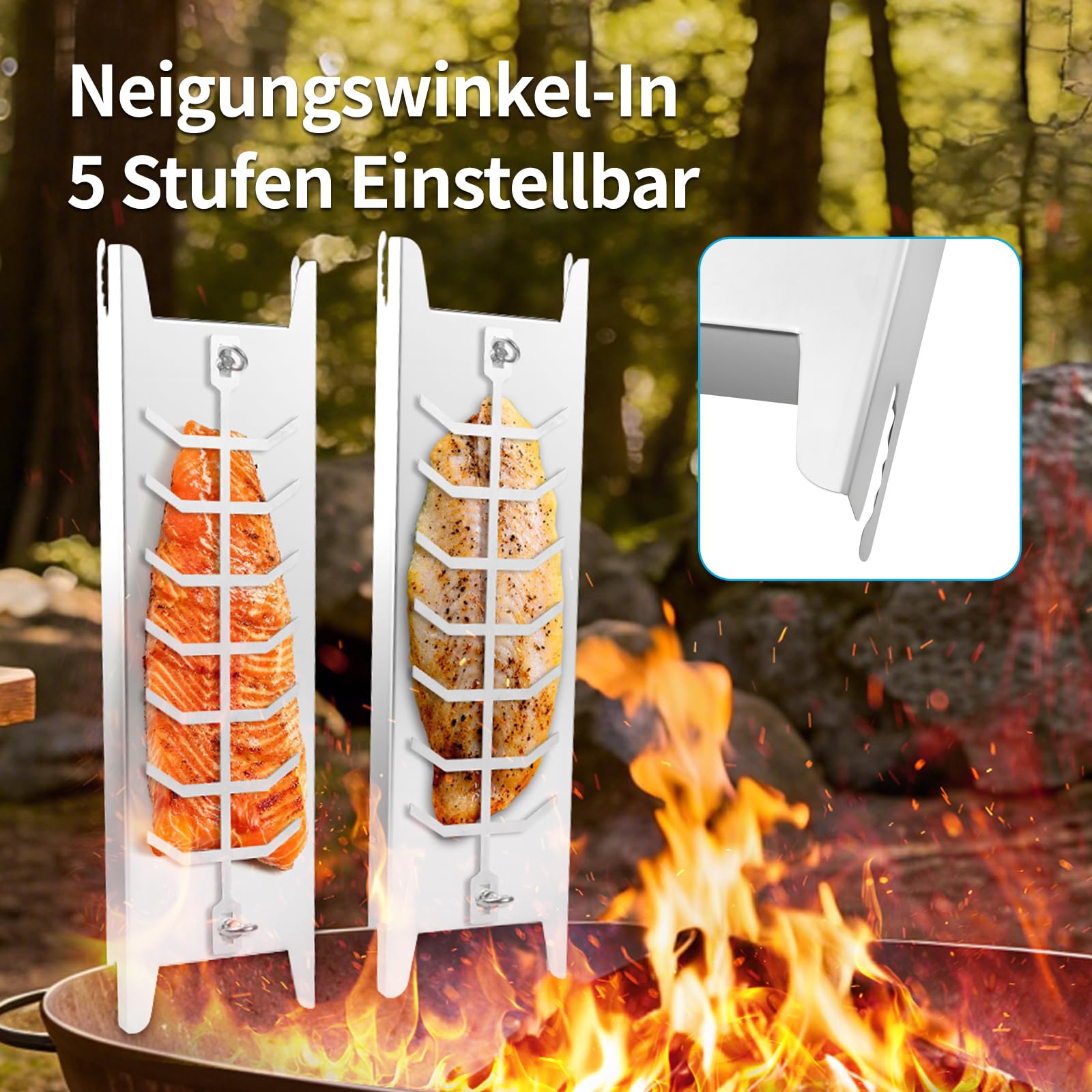 Edelstahl Flammlachshalter, 5 verstellbare Winkel & 180° drehbarer Grill, spülmaschinenfest, für Feuerschalen/Feuertonnen, als Servierplatte & Stövchen für Steak, Huhn, Forelle