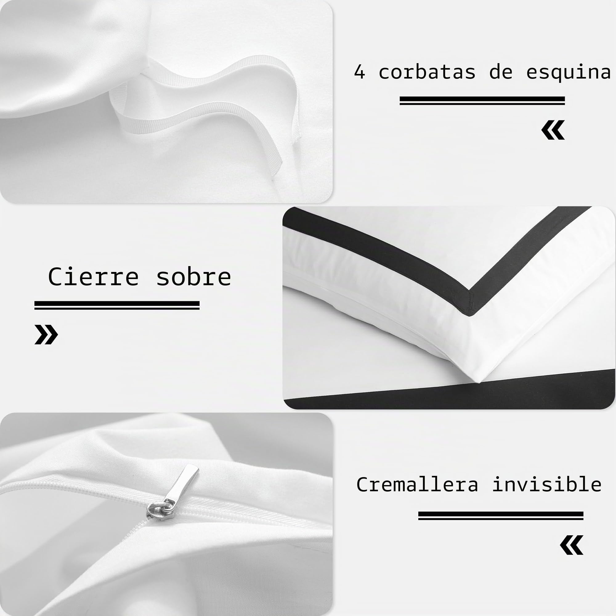 OSVINO Juego de Funda Nórdica Hotel Blanco con Negro 200x200 cm con 2 Funda de Almohada 50x75 cm Fundas para Edredón Listada Microfibra Moderna