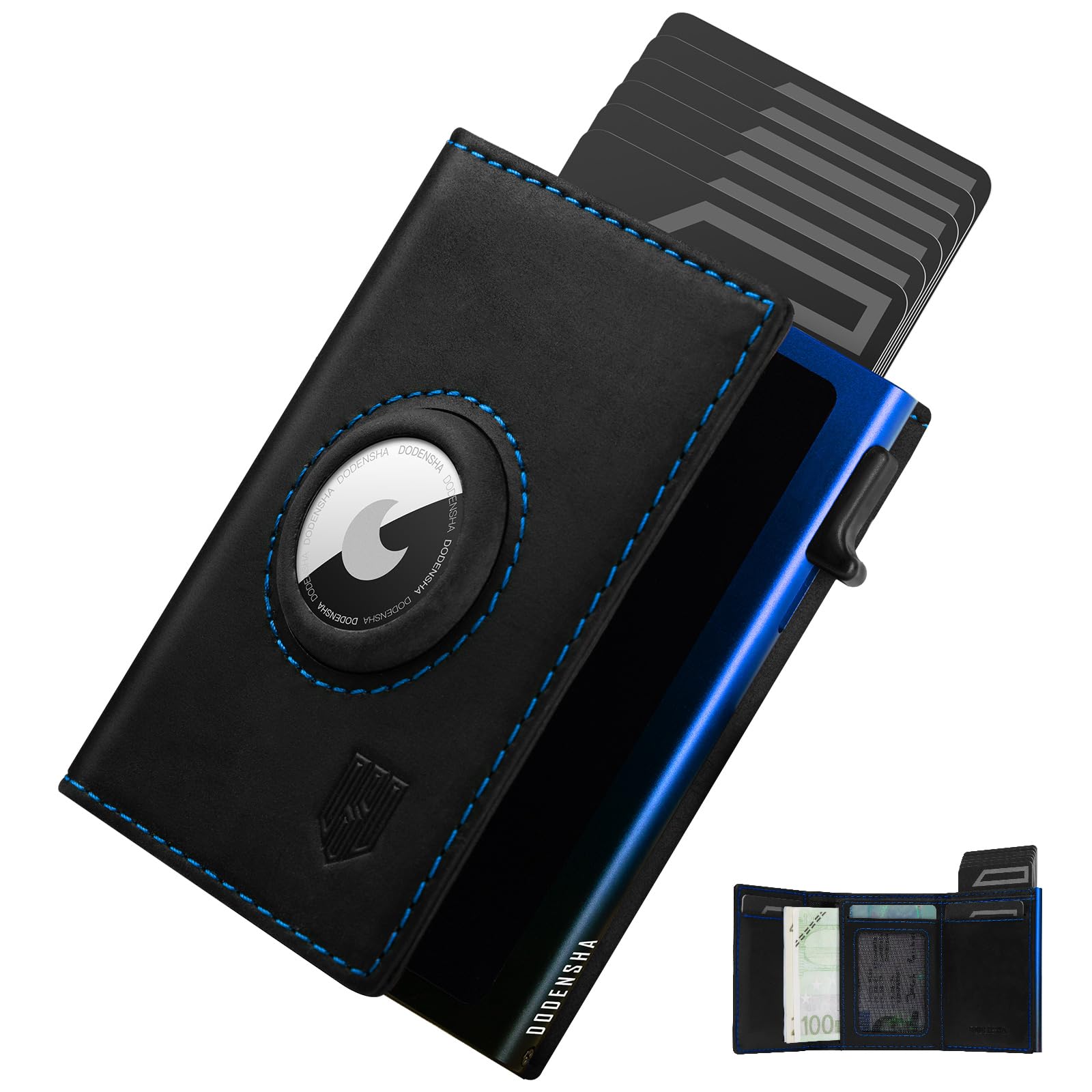 DODENSHA® MagSnap Airtag Wallet Herren: Smart Wallet für 10+ Karten, Wallet mit Münzfach, Geldbeutel mit AirTag* Fach, Geldbörse Herren mit RFID Schutz, Schwarz Blau