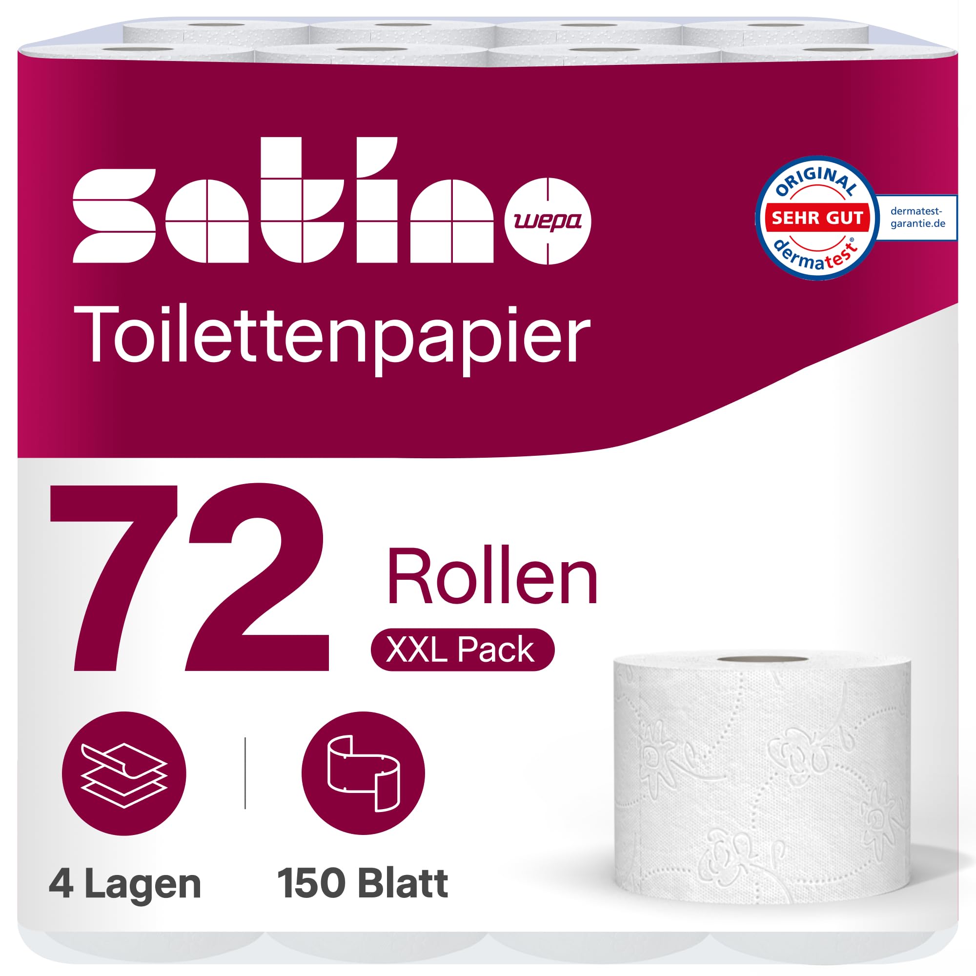 72 Rollen Toilettenpapier 4lagig – super soft dank 100% Zellstoff - Made in Germany - 150 Blatt pro Rolle – 9 Pack mit je 8 Rollen - super soft – weiß – Premium Klopapier 4 lagig – WC Papier Satino