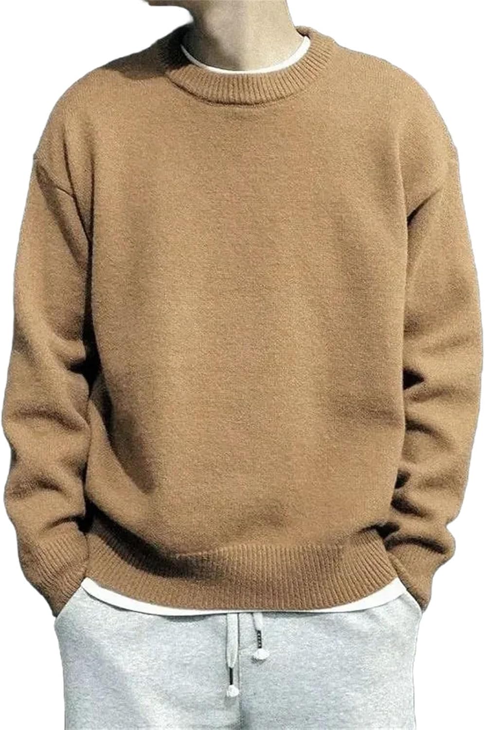 Men's Crewneck Knit Pullovers Sweater Solid Color Street Sweatshirts Casual Longsleeve T-Shirt