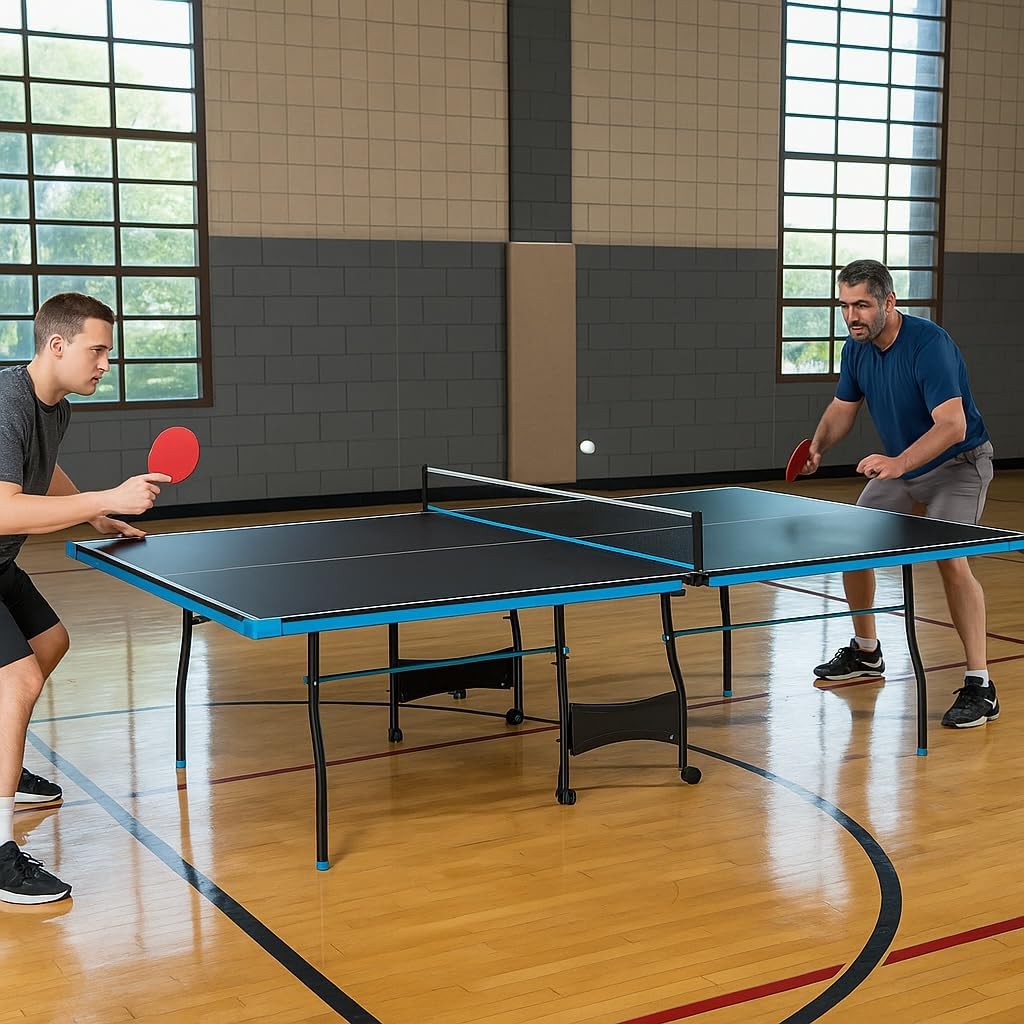2 PCS Black Blue Folding Rolling Table Tennis Table Indoor Ping Pong Table with Paddles Balls Net and Post Set 4 Wheels for Easy Movement Perfect Christmas New Year Holiday Season Gifts