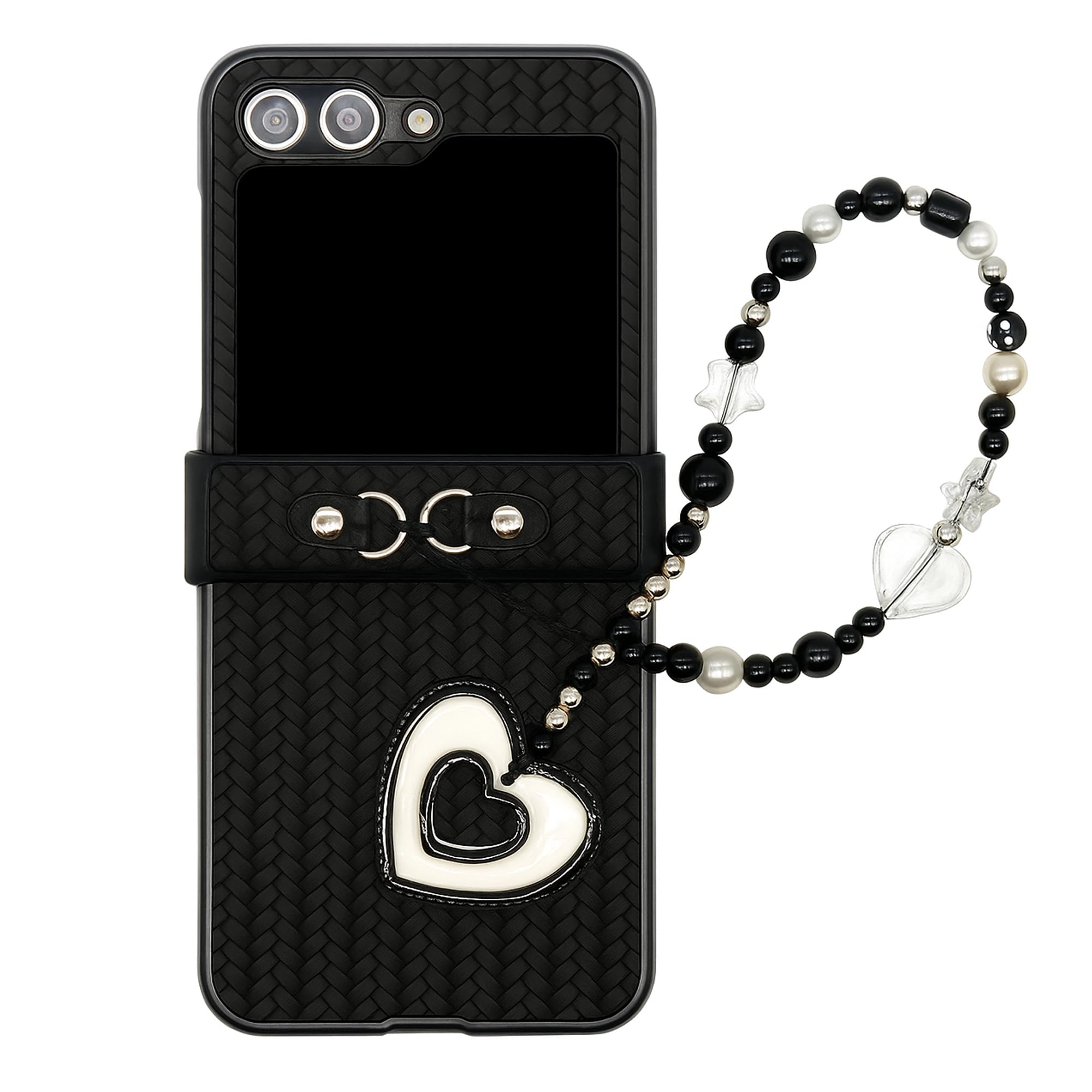 casafyne for Samsung Galaxy Z Flip 5 Case with Heart Theme Phone Charm, Classical Folding PU Leather Slim Shockproof Cover for Samsung Z Flip 5 (Love