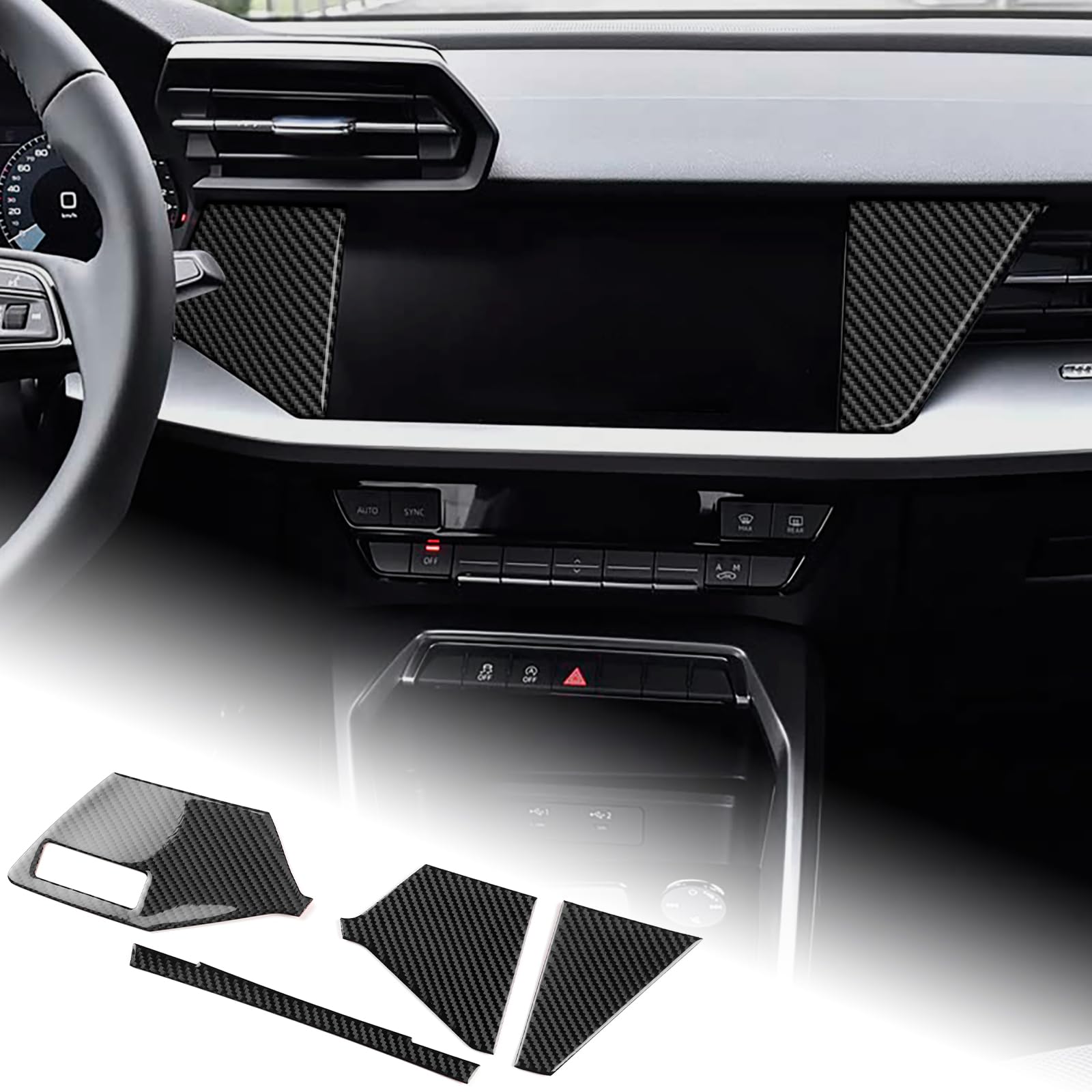 KUNGKIC Para Audi A3 S3 8Y 2020 2021 2022 2023 2024 2025 Fibra de Carbono Coche Consola Central Dash Pegatinas Decorativas Interior Accesorios 4 Unidades (Negro)