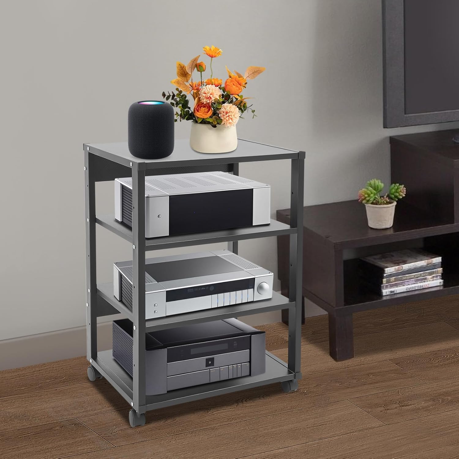 4-Tier Media Stand, Metal Audio Rack Tower Stereo Cabinet with Wheels, CD Record Player Stand Speaker Display Shelf for Home Theater Studio, Black