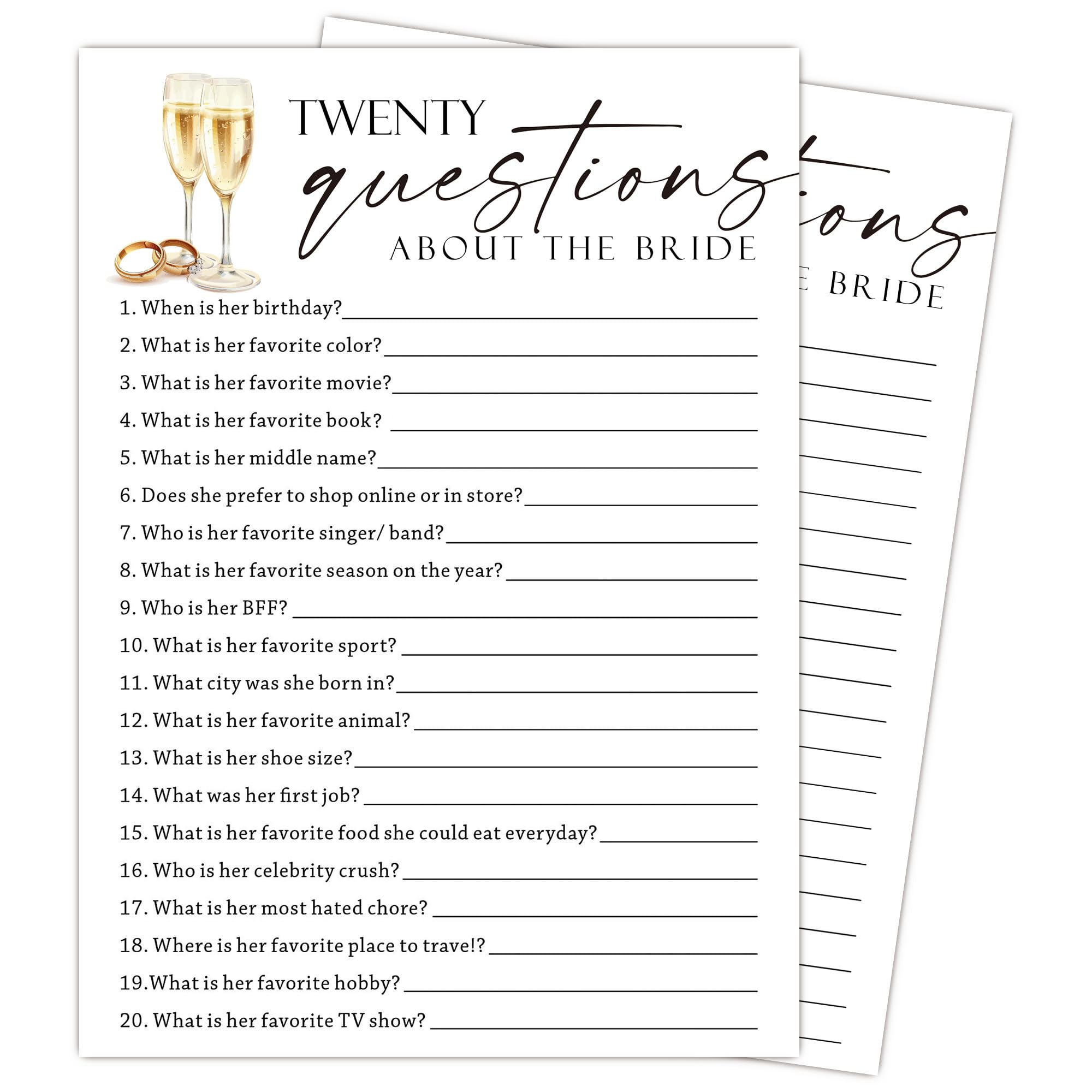 Bridal Shower Games Cards Set of 25-5x7 Inch Reusable Wedding Party Activities, Minimalist Advice Cards for Guests, Printable Bridal Shower Favors