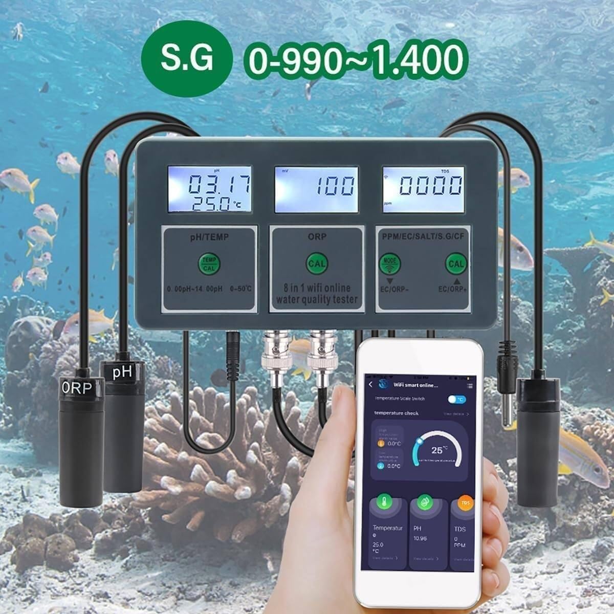 WiFi Smart Water Quality Meter Monitor, 8 in 1 Water Quality Detector, PH/EC/TDS/Salt/S.G/CF/ORP/Temp Tester, for Aquariums Pool Hydroponics
