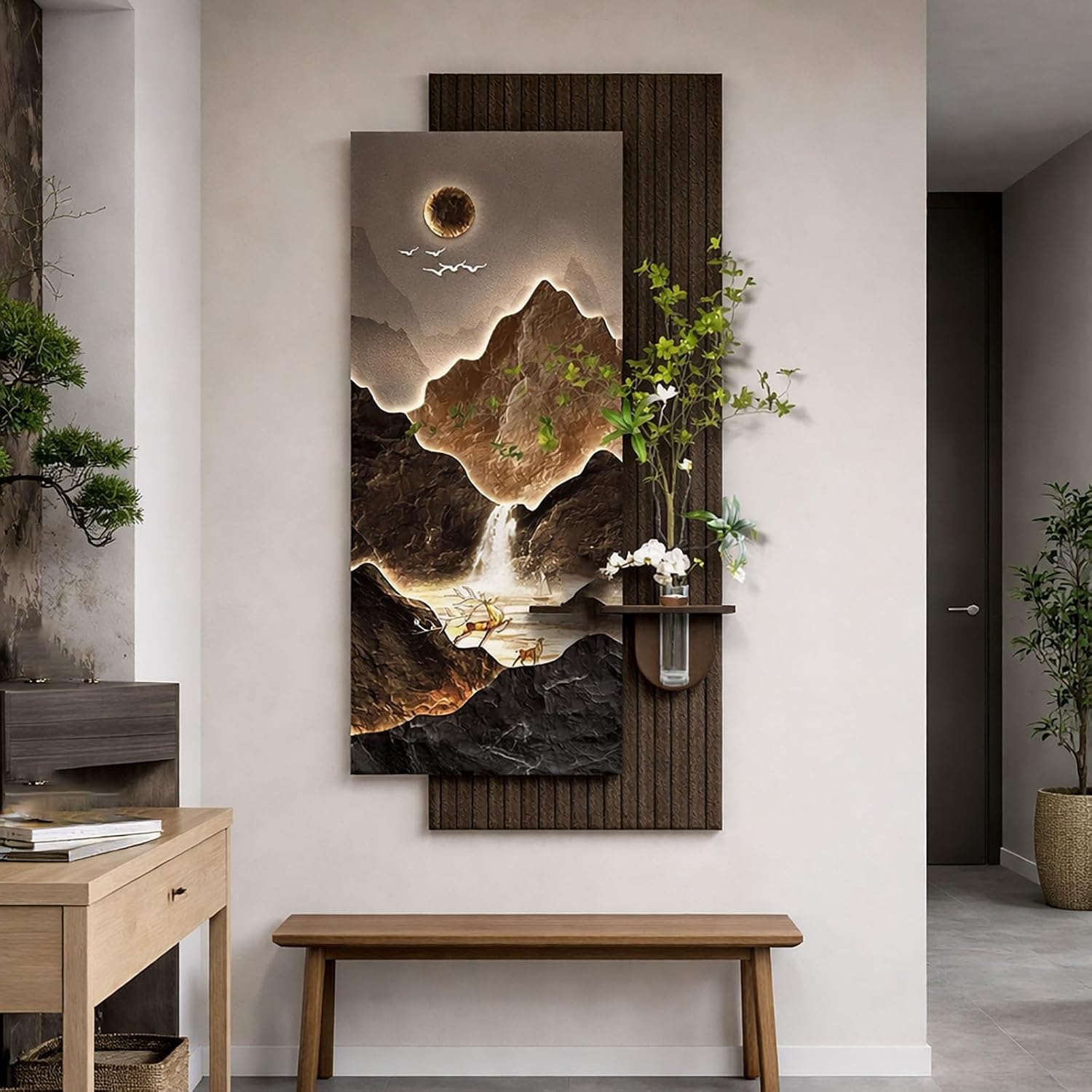 Plug-in LED Wall Art Large 3D Sandstone Texture Mountain Sculpture with Ambient Glow Modern Vertical Home Accent for Living Room Bedroom Entryway Dimmable Warm Lighting Gold(Style-D,23.6x47.2 in)