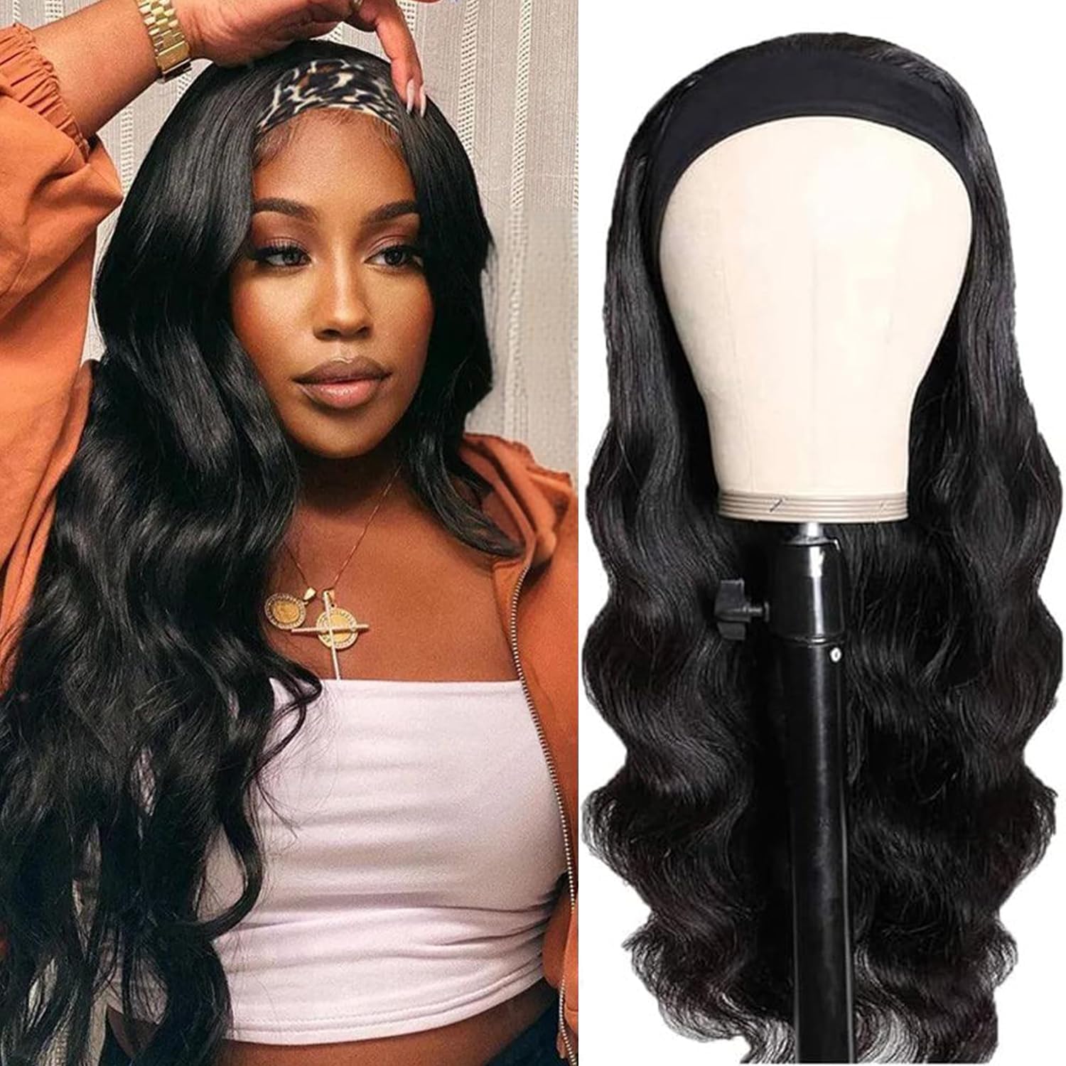 Fylora Headband Wig Human Hair Body Wave 18 Inch Headband Wigs for Black Women Brazilian Virgin Hair Wear and Go Glueless Wig None Lace Front Wigs for