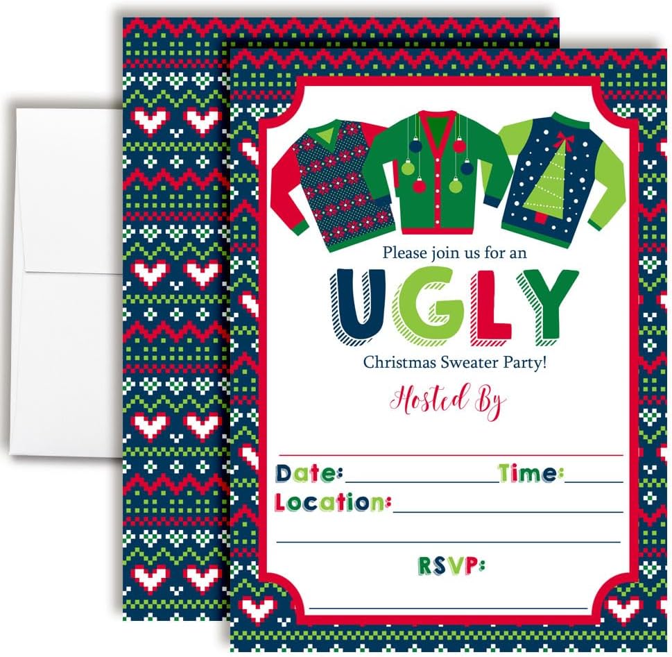 Amanda Creation Christmas Invitations with Envelopes – Ugly Sweater Christmas, 20 Pack 5x7 Double Sided Fill-In Invite Cards with Twenty White Envelopes Perfect for Holiday Parties