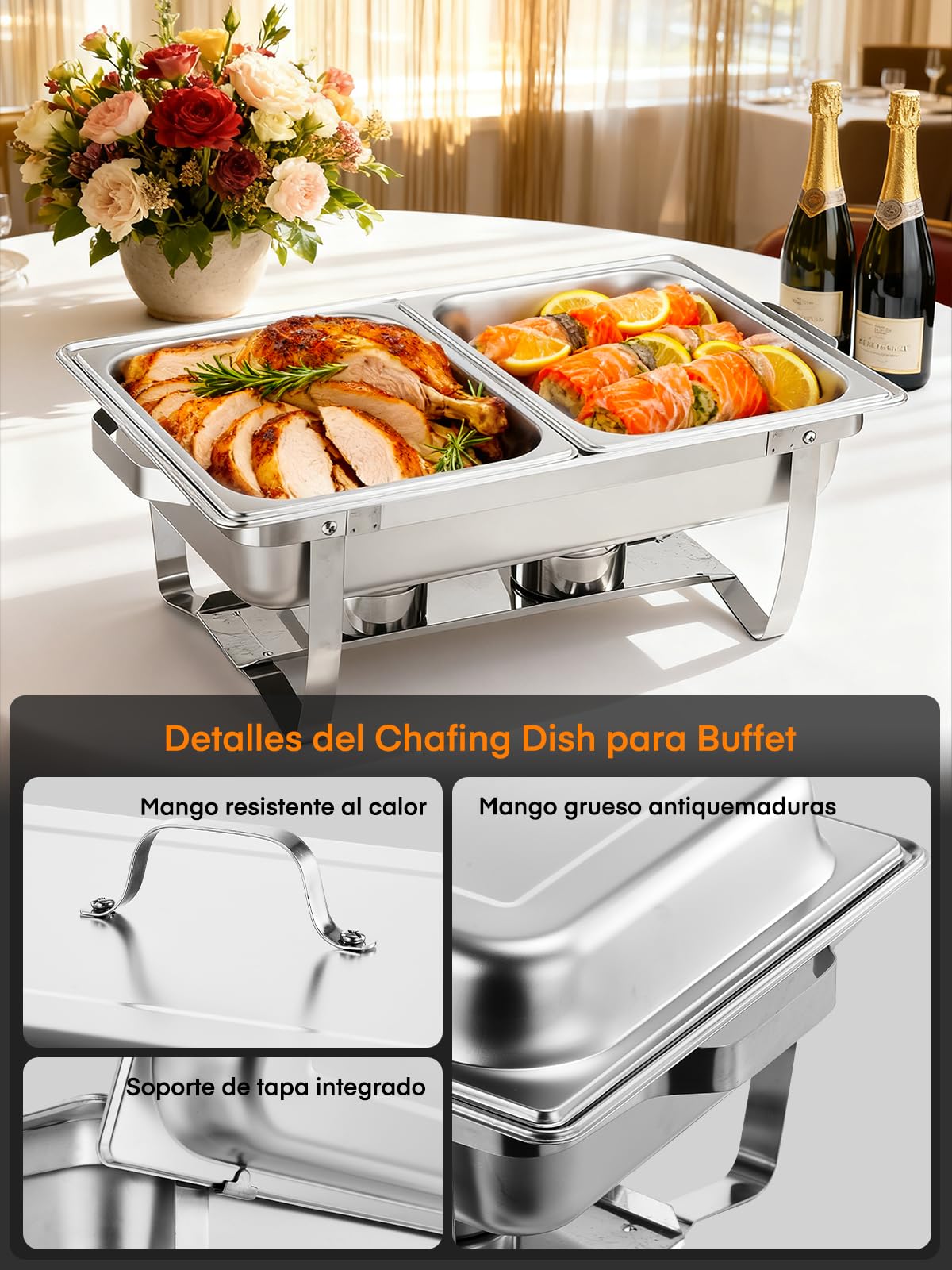 Calentadores de Comida para Buffet, 4PCS Chafing Dish Buffet Set, 9L Servidor de Calentador Buffet de Acero Inoxidable, Calentador de Alimentos para Catering Fiesta (2×GN1/1+2×GN1/2+4×GN1/4)