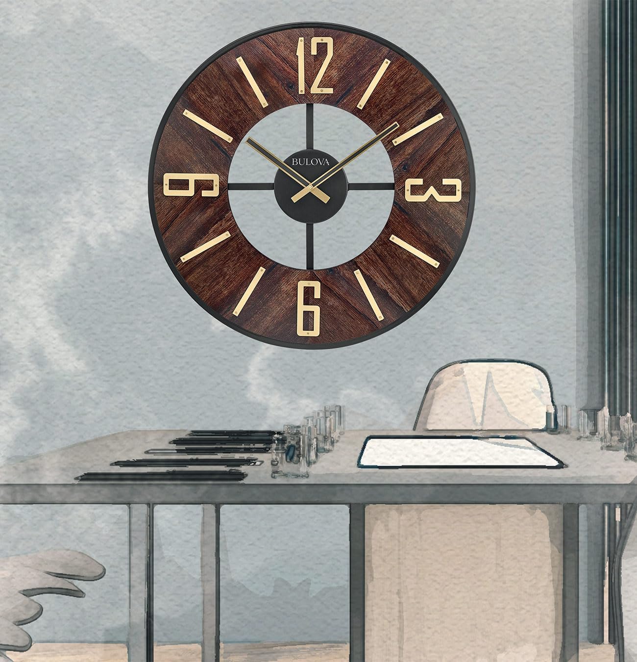 Bulova Boardroom Wall Clock C3394 | 27" Walnut Veneer Frame with Brass Accents | Quartz Movement | Battery Operated | Mid-Century Modern Gallery Design