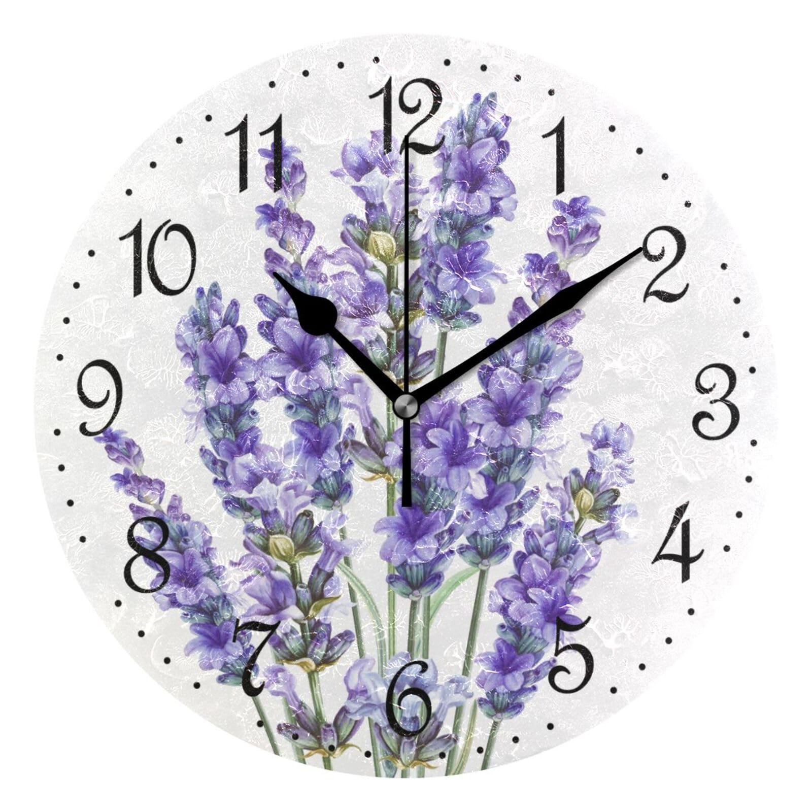 Mnsruu Wall Clock Purple Watercolor Lavender, Silent Non-Ticking Decorative Wall Clocks Battery Operated 25x25cm