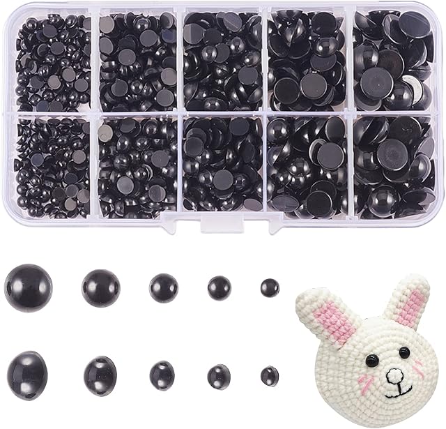PandaHall Elite 760pcs 5 Sizes 4mm-10mm Round Doll Eyes Assorted Size Resin Flat Back Cabochon Stuffed Eyes for Bears Dolls DIY Making, Black