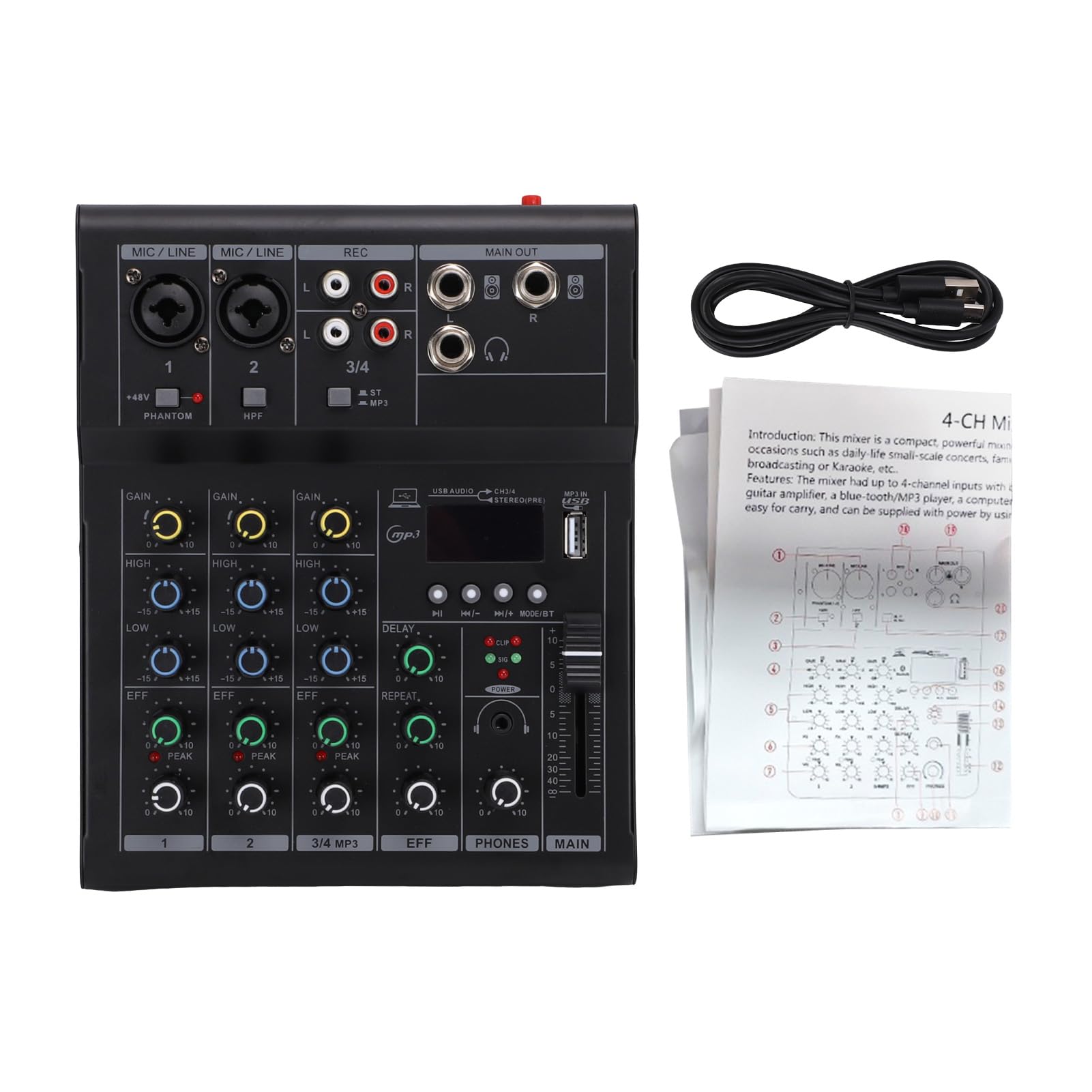 4-Kanal-Mini-Audio-Mixer, BT MP3 USB 48 V Phantomspeisungs-Mixer, Integrierter Gitarrenverstärker- mit DJ-Mischbrett-Design, Ideal für Mikrofone, Gitarren, Keyboards und Studioaufnahmen