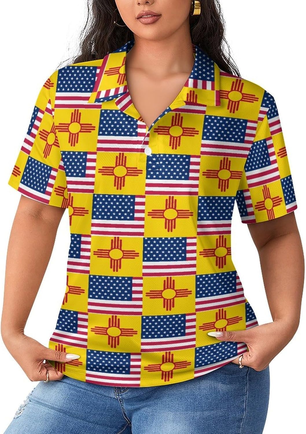 Flag of USA and New Mexico Women's Golf Polo Shirts Short Sleeve Quick Dry Tennis Tops Casual Work Blouses