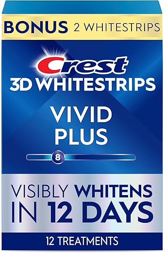 Crest 3D Whitestrips Vivid Plus, Teeth Whitening Strip Kit, 10 Treatments + 2 Bonus Treatments (Each with 1 Upper/1 Lower Strip), 24 Strips, 8 Levels Whiter, Teeth Whitening Kit