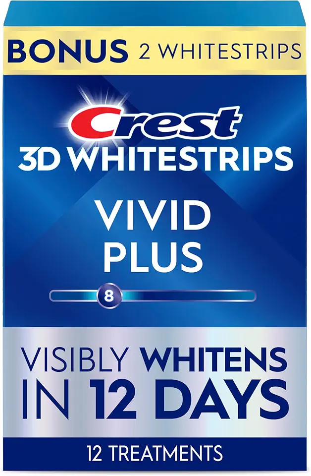 Crest 3D Whitestrips Vivid Plus, Teeth Whitening Strip Kit, 10 Treatments + 2 Bonus Treatments (Each with 1 Upper/1 Lower Strip), 24 Strips, 8 Levels Whiter, Teeth Whitening Kit