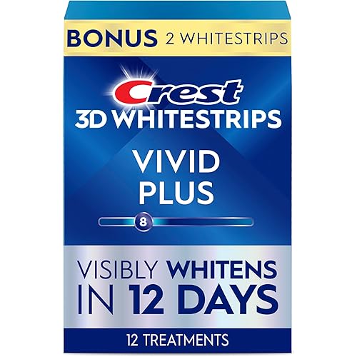 Crest 3D Whitestrips Vivid Plus, Teeth Whitening Strip Kit, 10 Treatments + 2 Bonus Treatments (Each with 1 Upper/1 Lower Strip), 24 Strips, 8 Levels Whiter, Teeth Whitening Kit