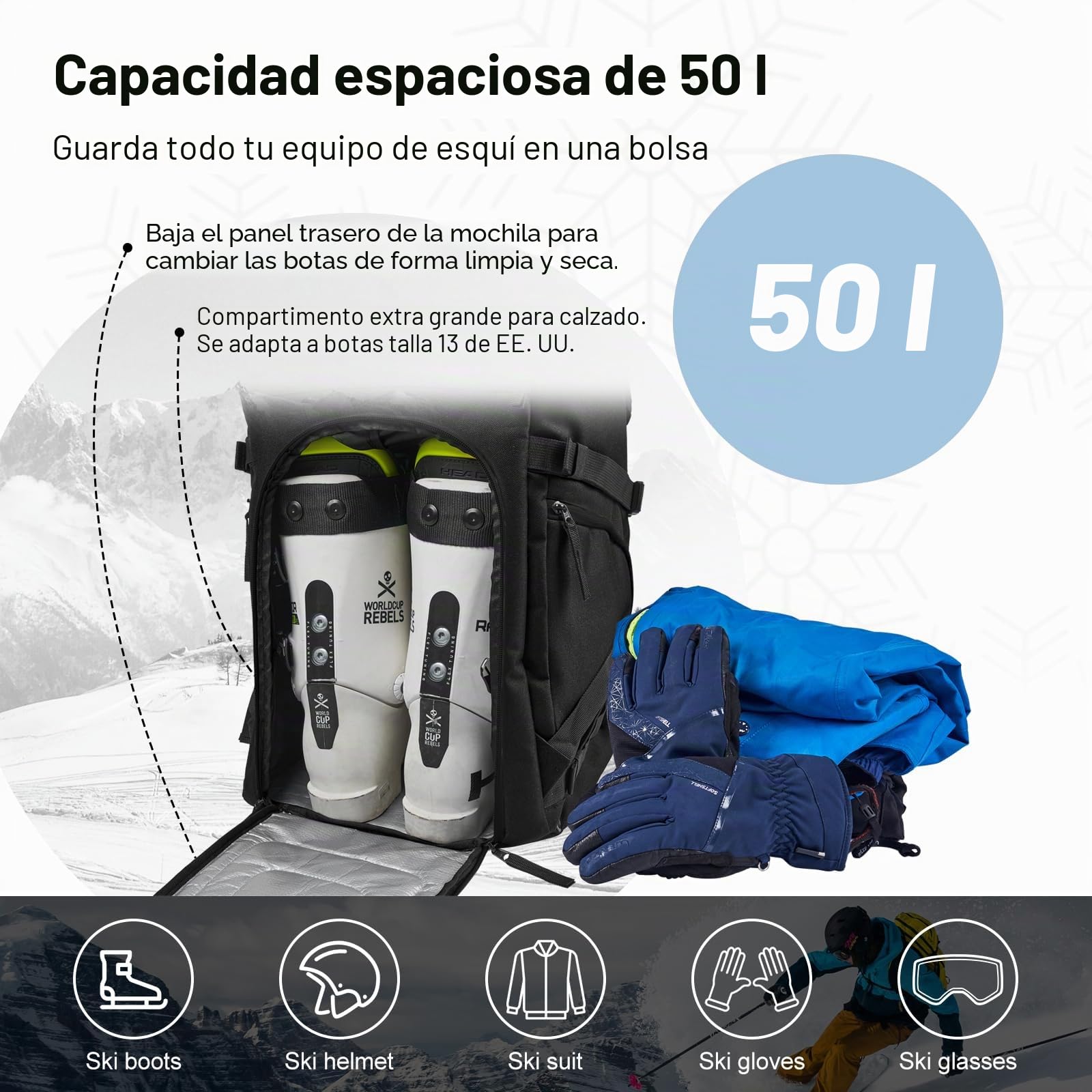 Odoland Bolsa de Esquí y Mochila para Botas 55 L Bolsas Acolchadas para Esquís y Botas de Esquí para Viajes en Avión, Bolsa Impermeable para Guardar y Transportar Equipo de Esquiar de 200 cm