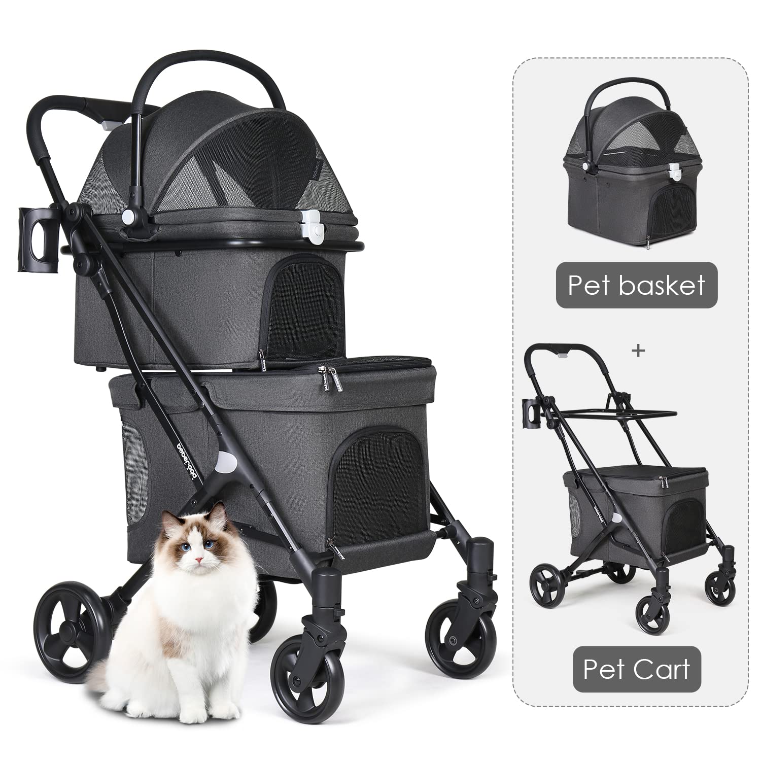 Beberoad Klappbarer Hundewagen, 2 Etagen Hundewagen für Kleine Hunde und Katzen, Pet Stroller Hundebuggy Für Mehrere Haustiere, Hundebox für Hunde & Katzen, Schwarz