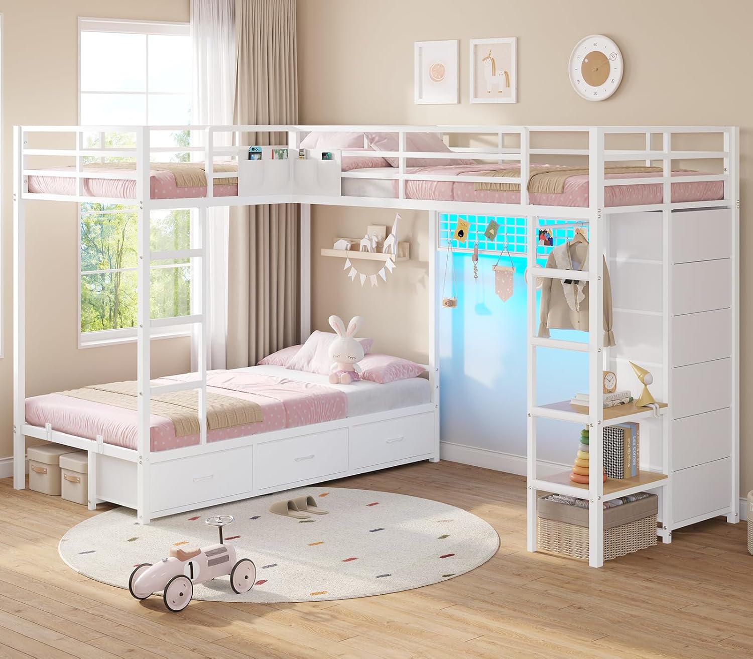 Triple Bunk Bed with 9 Storage Drawers and LED Lights, Twin Over Twin 3 Bed Bunk Beds for Kids with Shelves and Pegboard, Heavy-Duty Metal Bunk Bed with Full-Length Guardrail and Dual Ladders, White