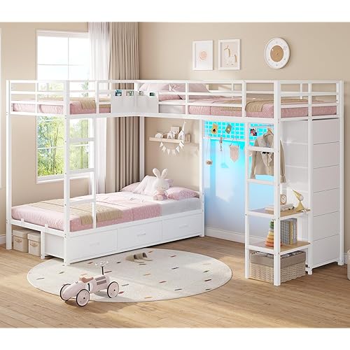 Triple Bunk Bed with 9 Storage Drawers and LED Lights, Twin Over Twin 3 Bed Bunk Beds for Kids with Shelves and Pegboard, Heavy-Duty Metal Bunk Bed with Full-Length Guardrail and Dual Ladders, White