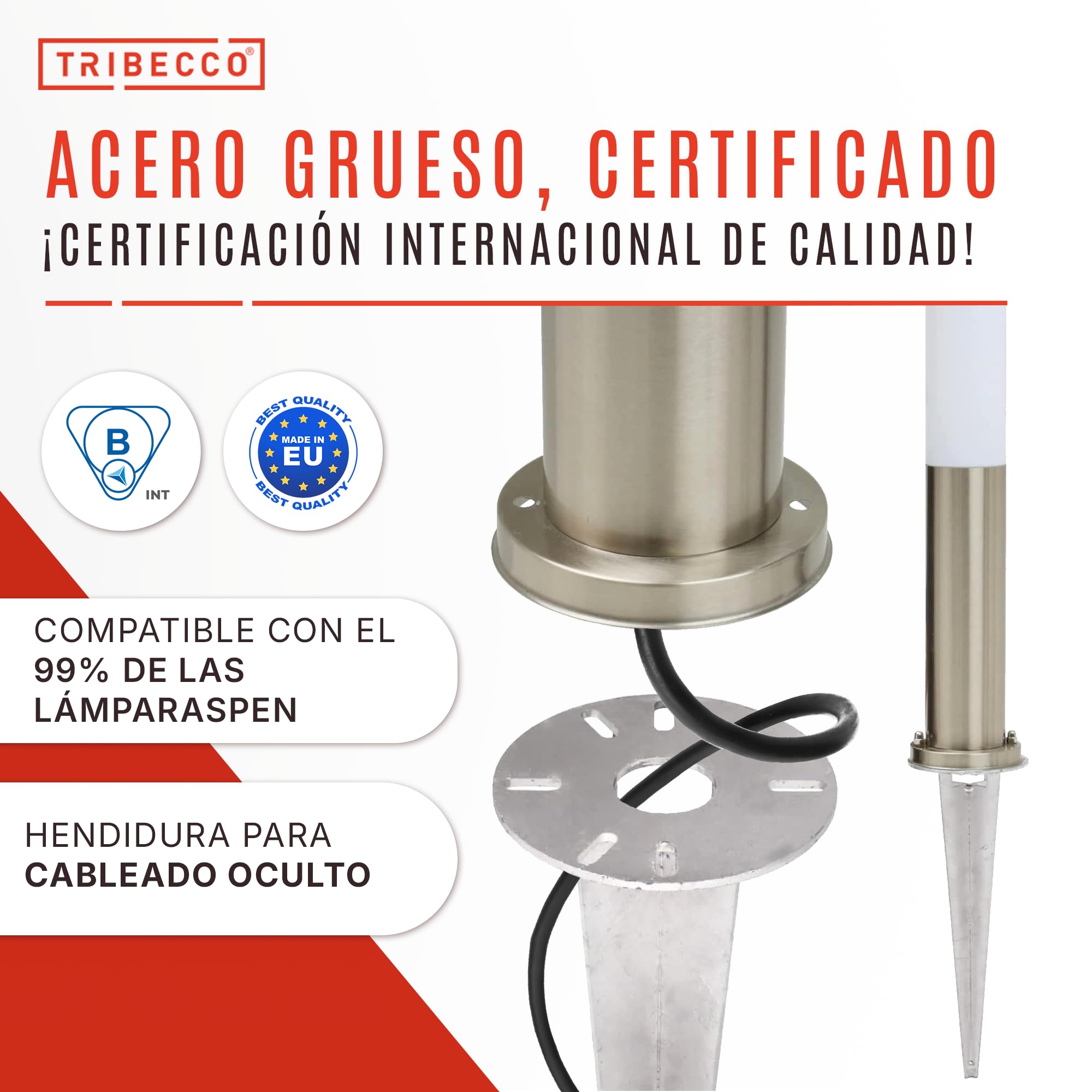 TRIBECCO Estaca de impacto para lámpara de jardín – Ø 116 x 300 mm – con apertura Ø 30 mm para gestión de cables – Acero plano galvanizado – Anclaje de suelo para iluminación de jardín