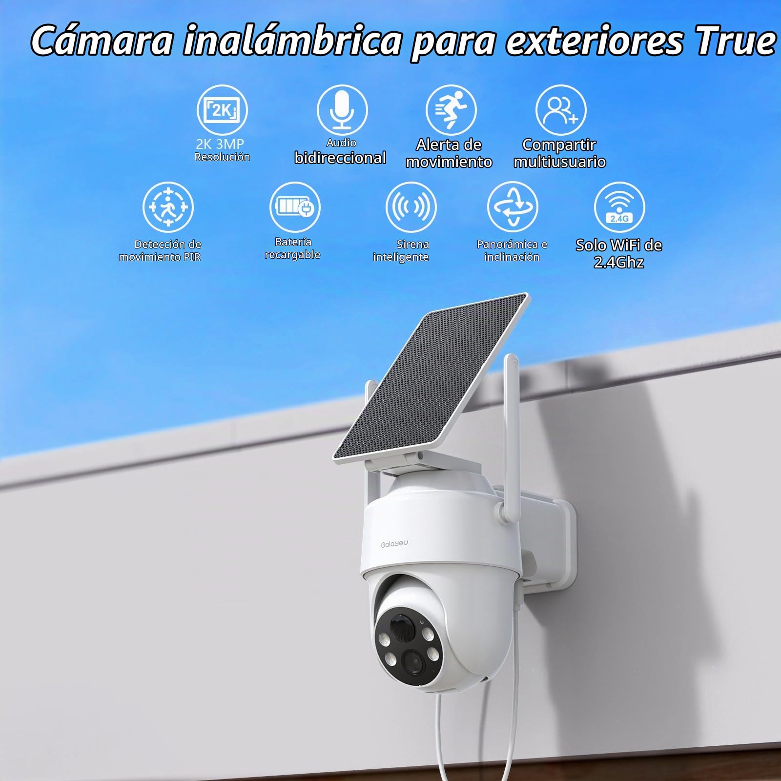 GALAYOU Cámara Vigilancia Exterior Solar con Batería - 2K Cámara sin Cable con Visión Nocturna en Color, 2.4GHz WLAN, Sensor de Movimiento PIR, Audio Bidireccional, Compatible con Alexa, R1 (2)