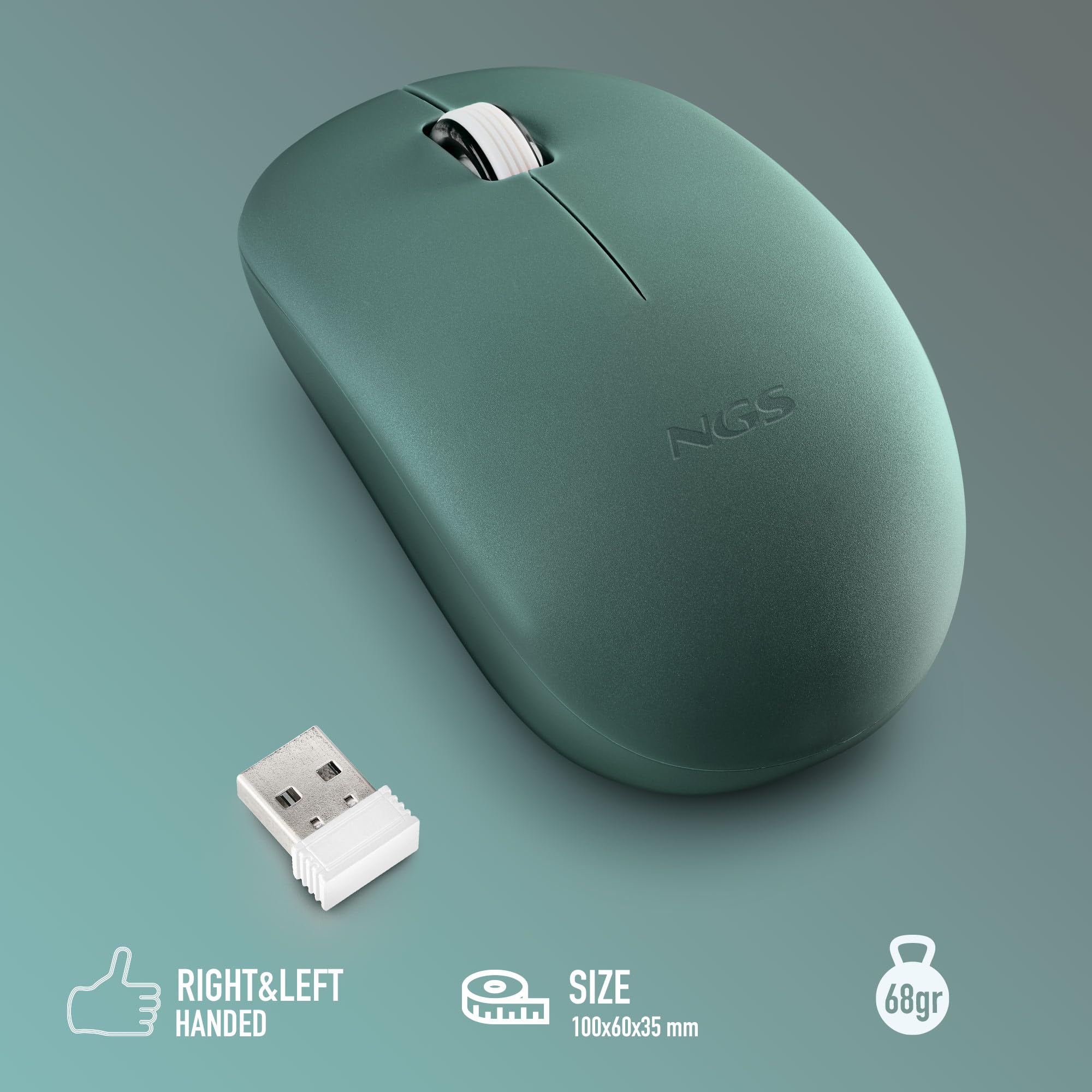 NGS Fog Pro Green – Ratón Inalámbrico Óptico 1000 dpi, Nano USB, Botones Silenciosos, Plug & Play, Ambidiestro, Compatible con PC, Mac y Portátil, Verde
