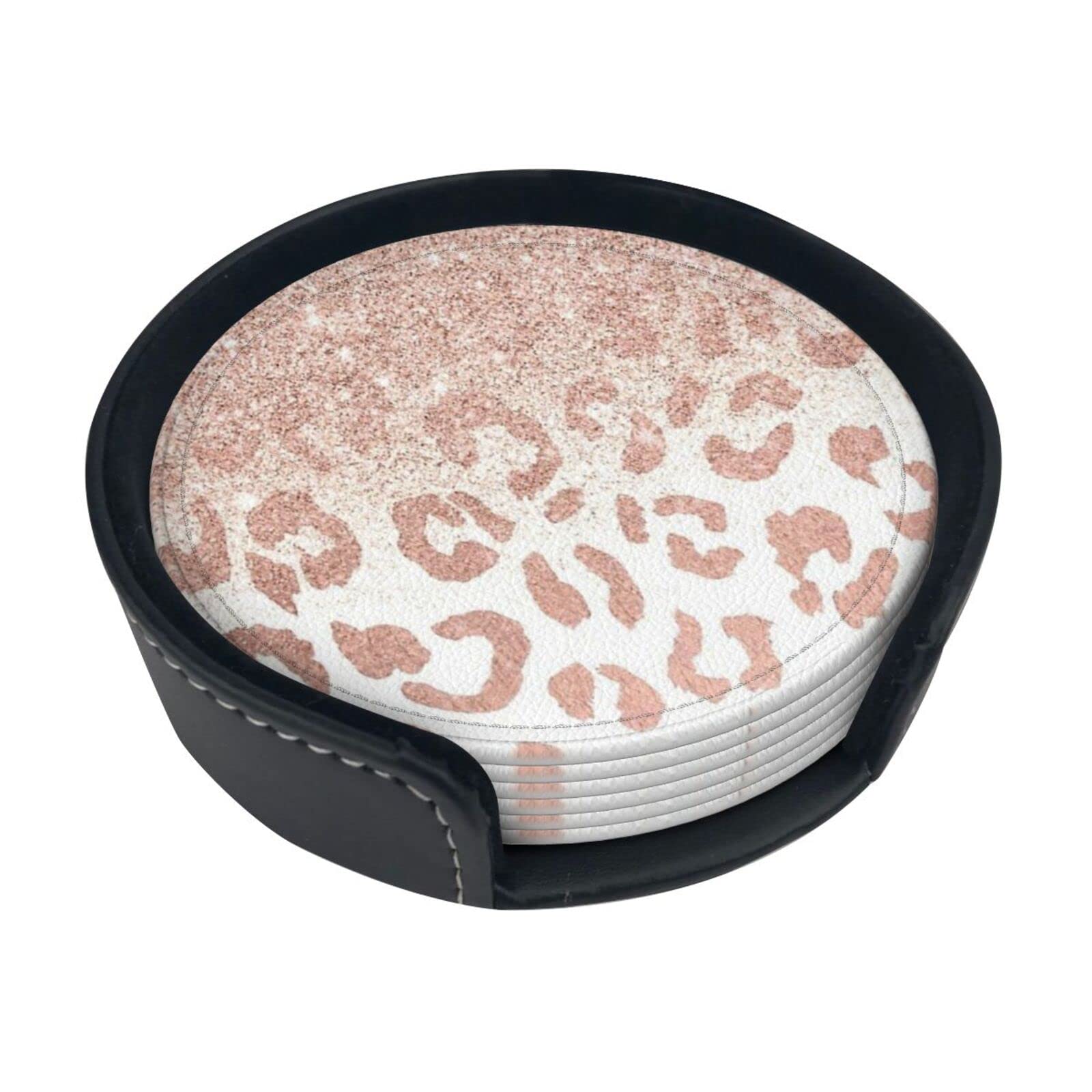 Round Coasters, Glitter Rose Gold Leopard Print,Mugs Pad Cups Mat Set of 6 Leather Drinks Coasters with Holder
