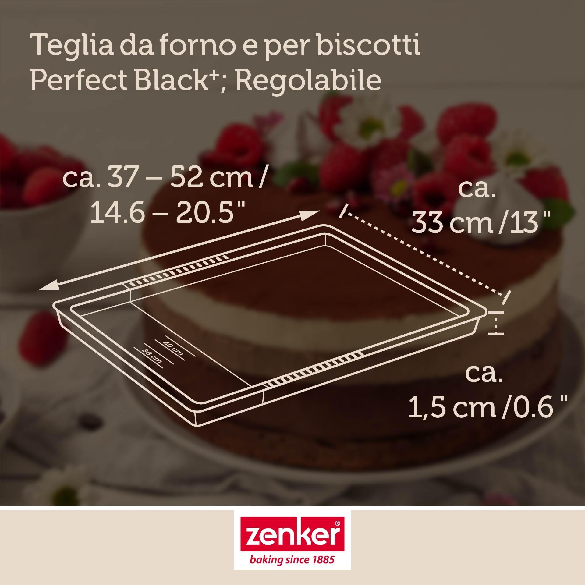 Zenker Perfect Black - Teglia da forno e biscotti, 37-52 cm, regolabile in lamiera d'acciaio con doppio rivestimento antiaderente, resistente al calore +230 °C, Made in Germany