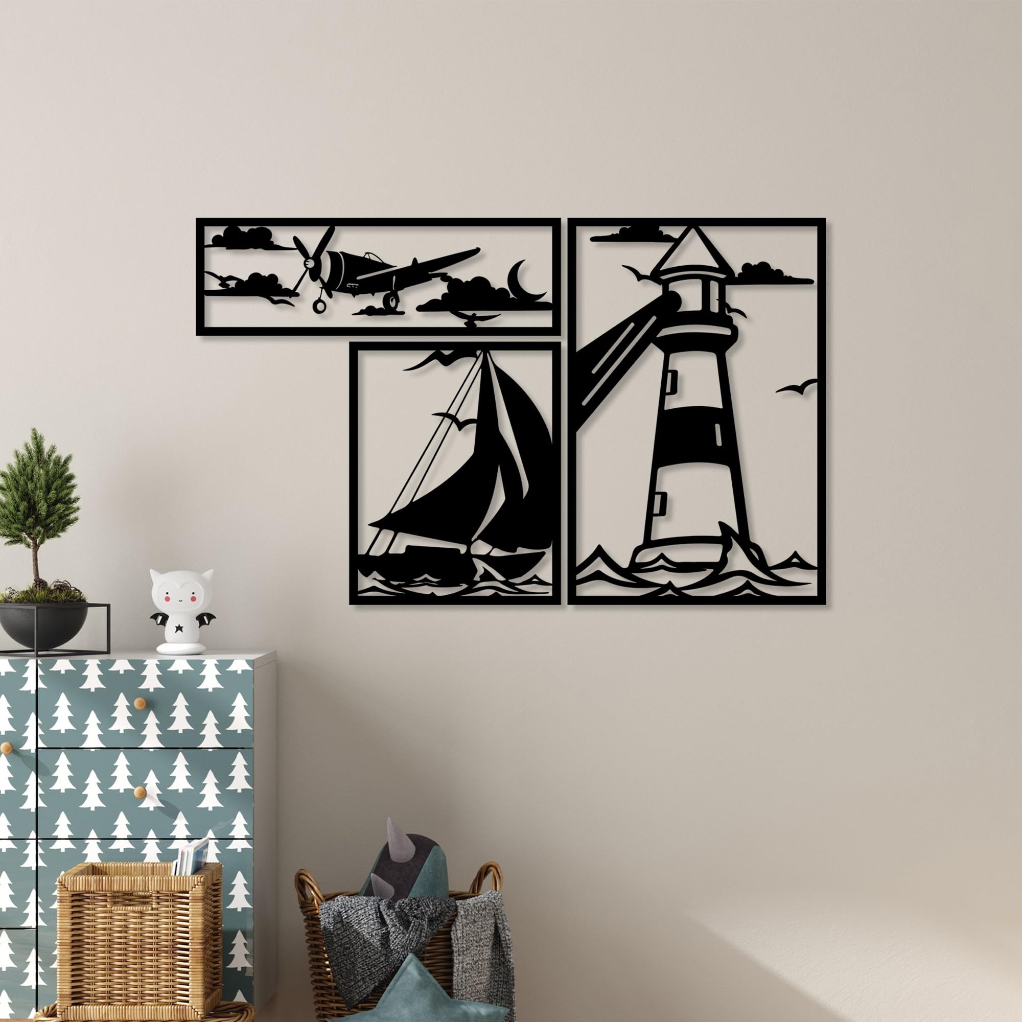 Stylish Black Decorative Metal Wall Accessory Set (3 Pieces) | 1.5 mm Thick | Sizes: 18 x 57 cm, 41 x 33 cm, 60 x 40 cm | Perfect for Modern Home Decor