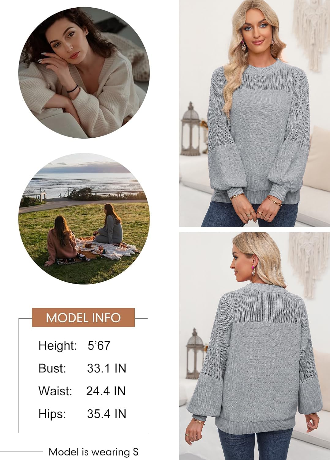 Dokotoo Damen Pullover Elegant Rundhals Puffärmel Strickpullover Einfarbig Lässig Lose Oberteile Herbst Winterpullover Pulli S-XXL