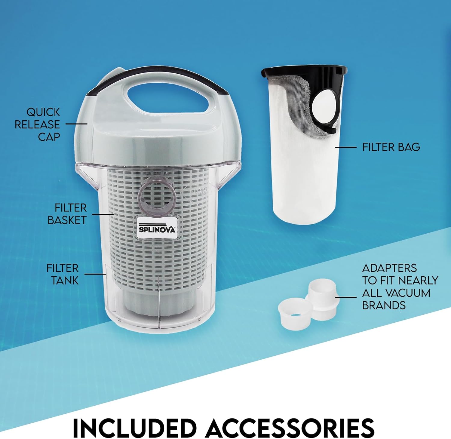 Pool Leaf Canister, Inline Vacuum Filter, Vertical Catcher Design, Quick Clean Easy Removal for Maintenance, Built in Sock for Increased Filtration.