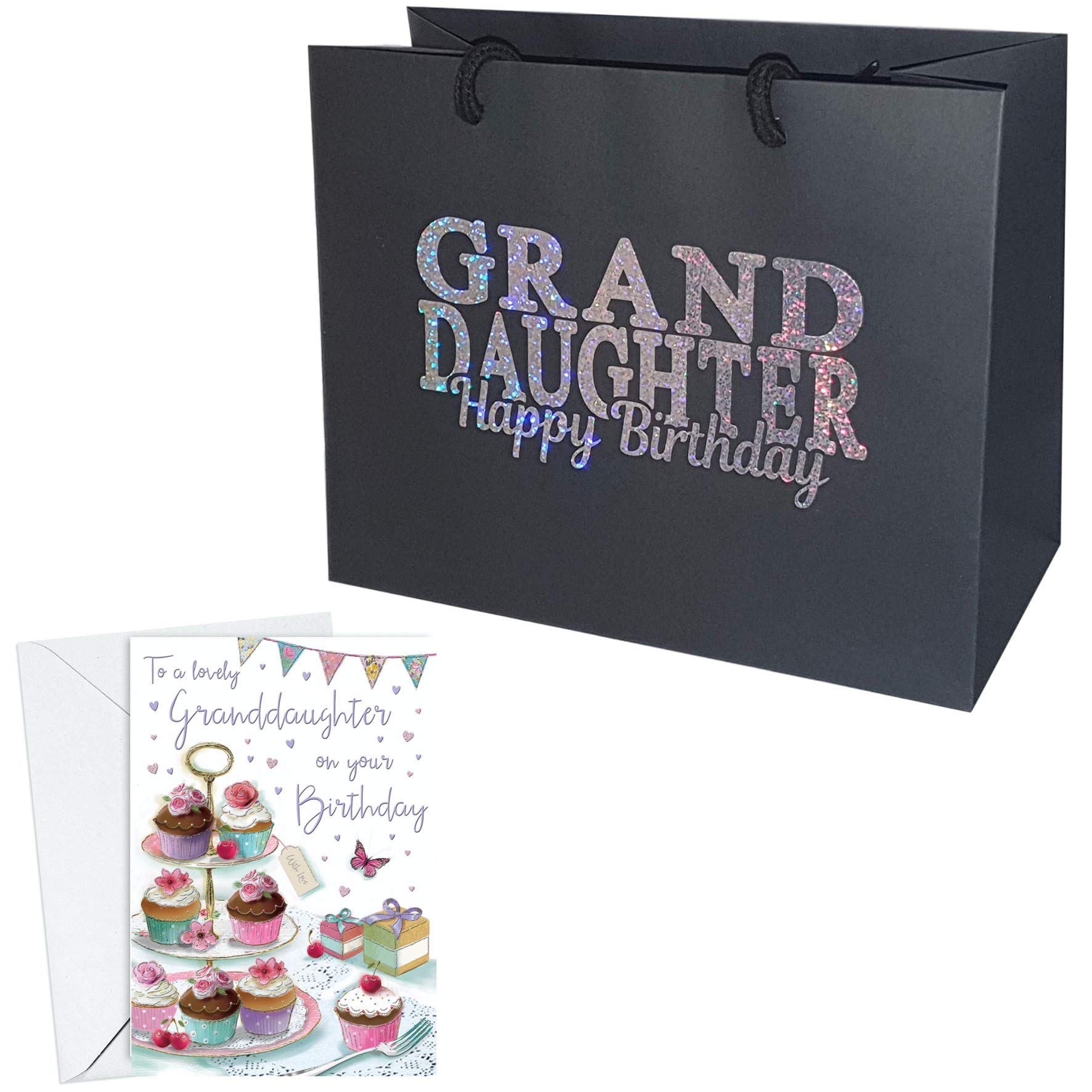 Large Grand-Daughter Happy Birthday Gift Bag with Cake Card - Holographic glitter Gift Bag with Rope Handles and Tissue Paper - Birthday Ideas Grand Daughter