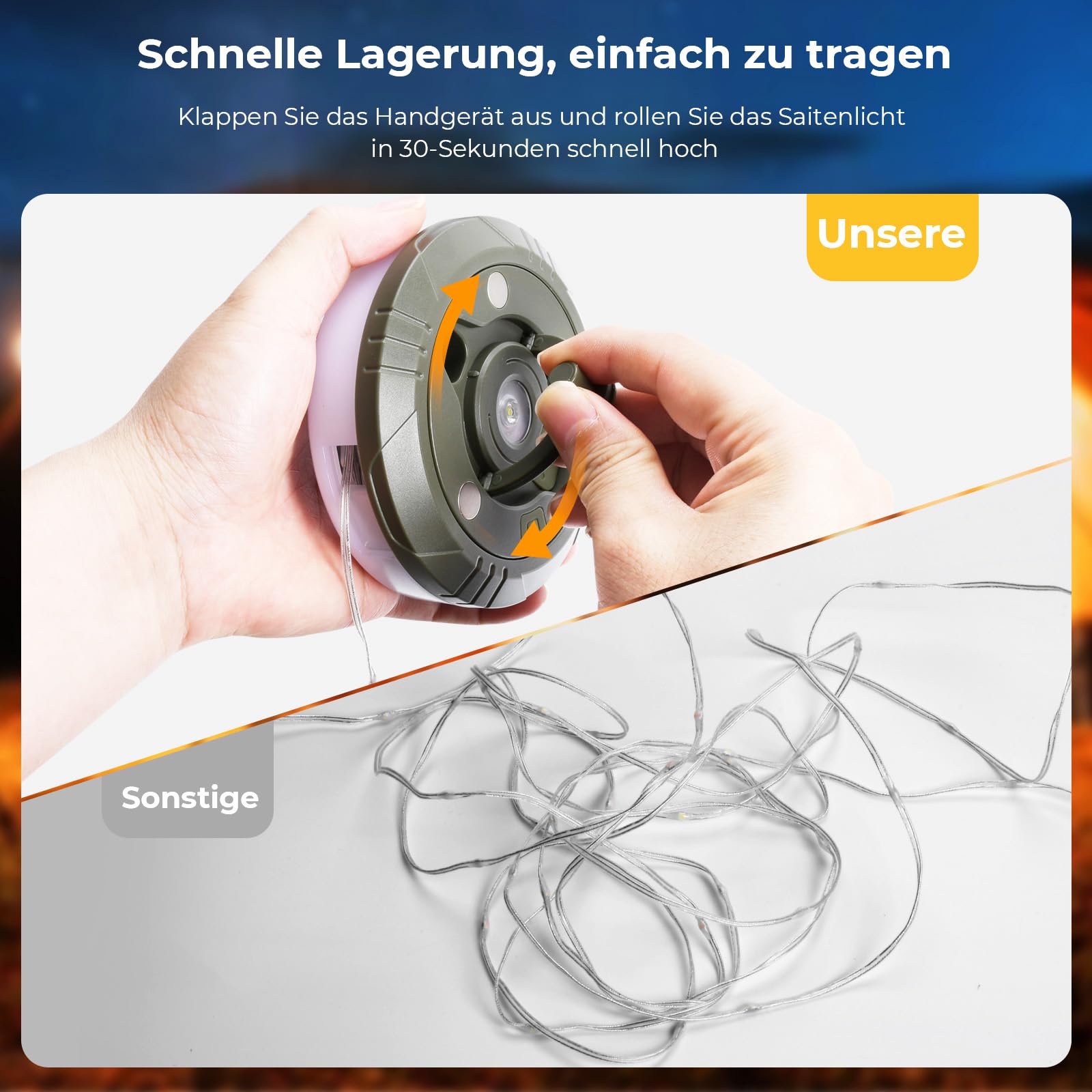 Camping Lichterkette Mit 10m LED – 8 Modi, USB-ladbar, IP44 Wasserdicht, Aufrollbar, Inkl. Magnet & Haken