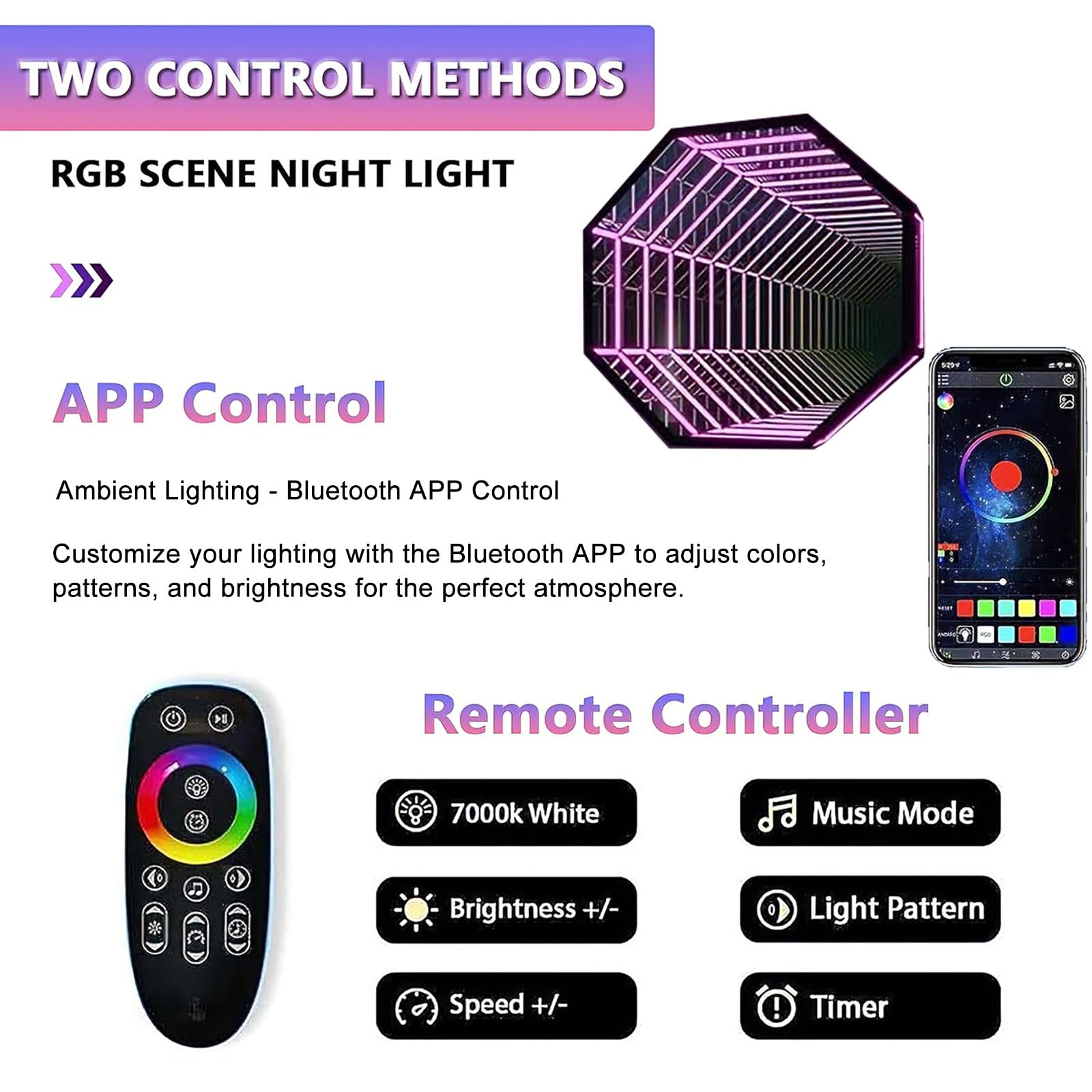 Infinity Mirror Licht 3D LED Nachtlampe mit App Steuerung, Smarte RGB Wandleuchte für Gaming Zimmer und Schlafzimmer, 358 Effekte Octagon Dekoration