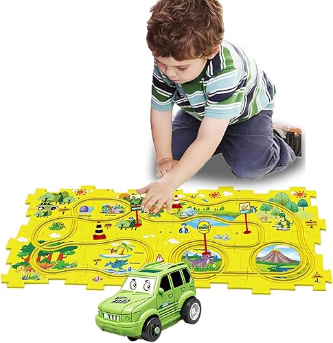 Miniatura 40 de Regalo de cumpleaños para niño de 4 años: set de pista de autos Puzzle Racer con mapa de carretera. Juguete de pista de autos y rompecabezas ideal
