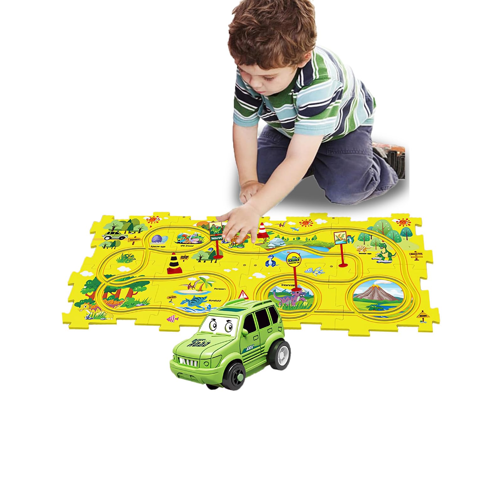 4 Year Old Boy Birthday Gift, Puzzle Racer Kids Car Track Set Puzzle Racer Car Track Set with Roadmap Puzzle Track Car Play Set Toys for 4 Year Old Boys (B-Dinosaur, set2-15PCS)