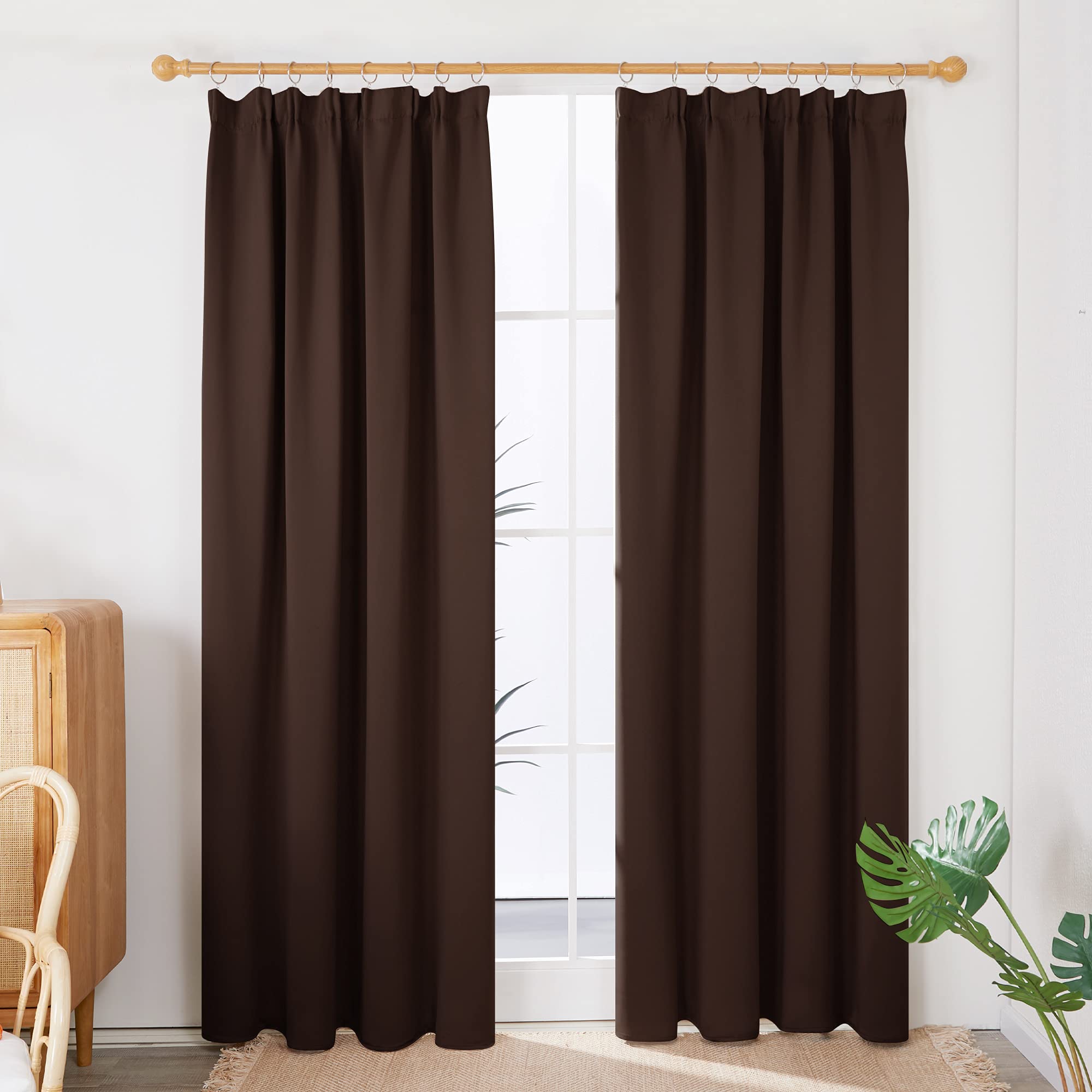 Deconovo Set of 2 Thermal Blackout Curtains, Cold and Phonic, Window Curtain, Bedroom, Kitchen, Short Curtain, Living Room, Ruffle Tape, 140 x 245 cm, Chocolate - 3