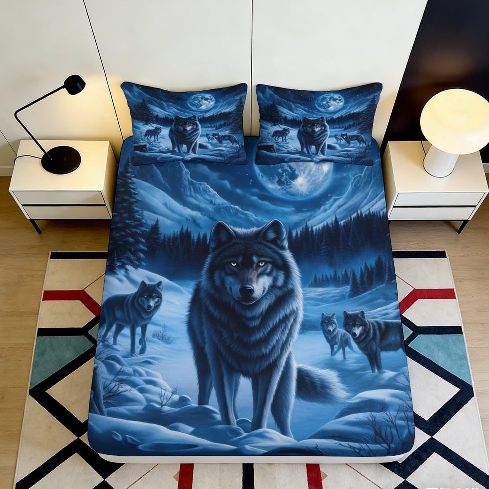 3D Printed Wolf Moon Night Fitted Sheet Microfiber Soft Non-slip Forest Snow Bed Cover for Bedroom Guestroom 90x200x25cm