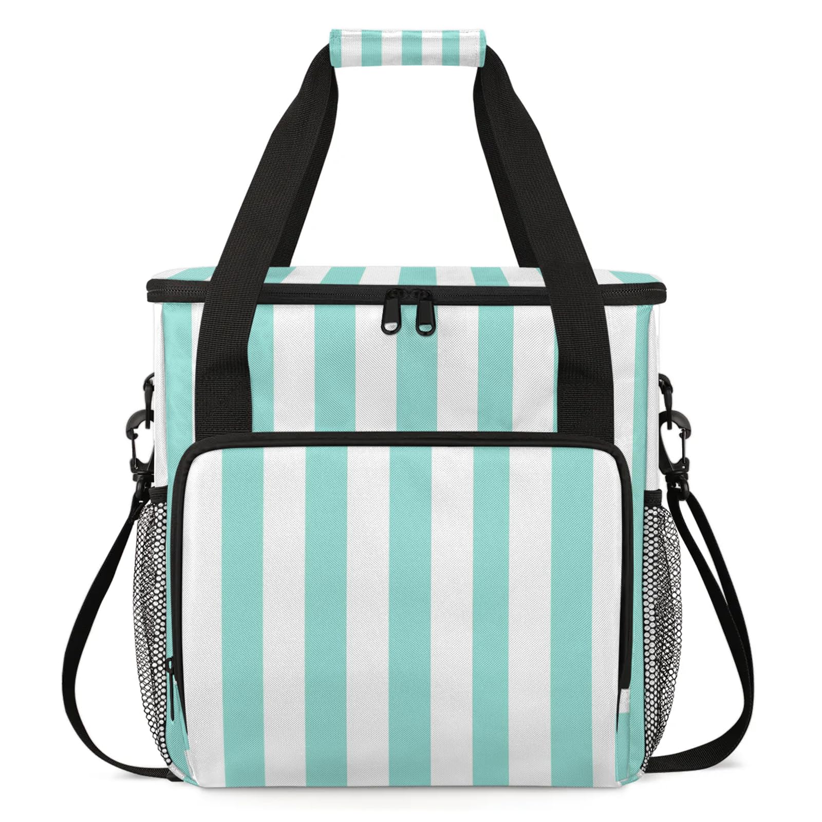 Adornori Light Blue Stripes Travel Coffee Maker Carrying Bag, Large Organizer Storage Tote Bag Insulated Reusable Cooler Grocery Bags
