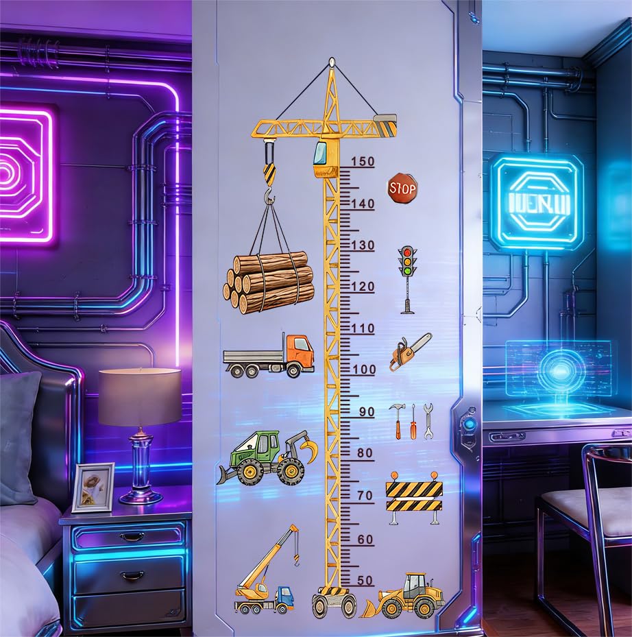Cartoon Car Height Growth Chart for Kids Removable Measure Wall Ruler for Children Nursery Wall Sticker Baby Bedroom Toddler Living Room Playroom Decal (Engineering Vehicle)