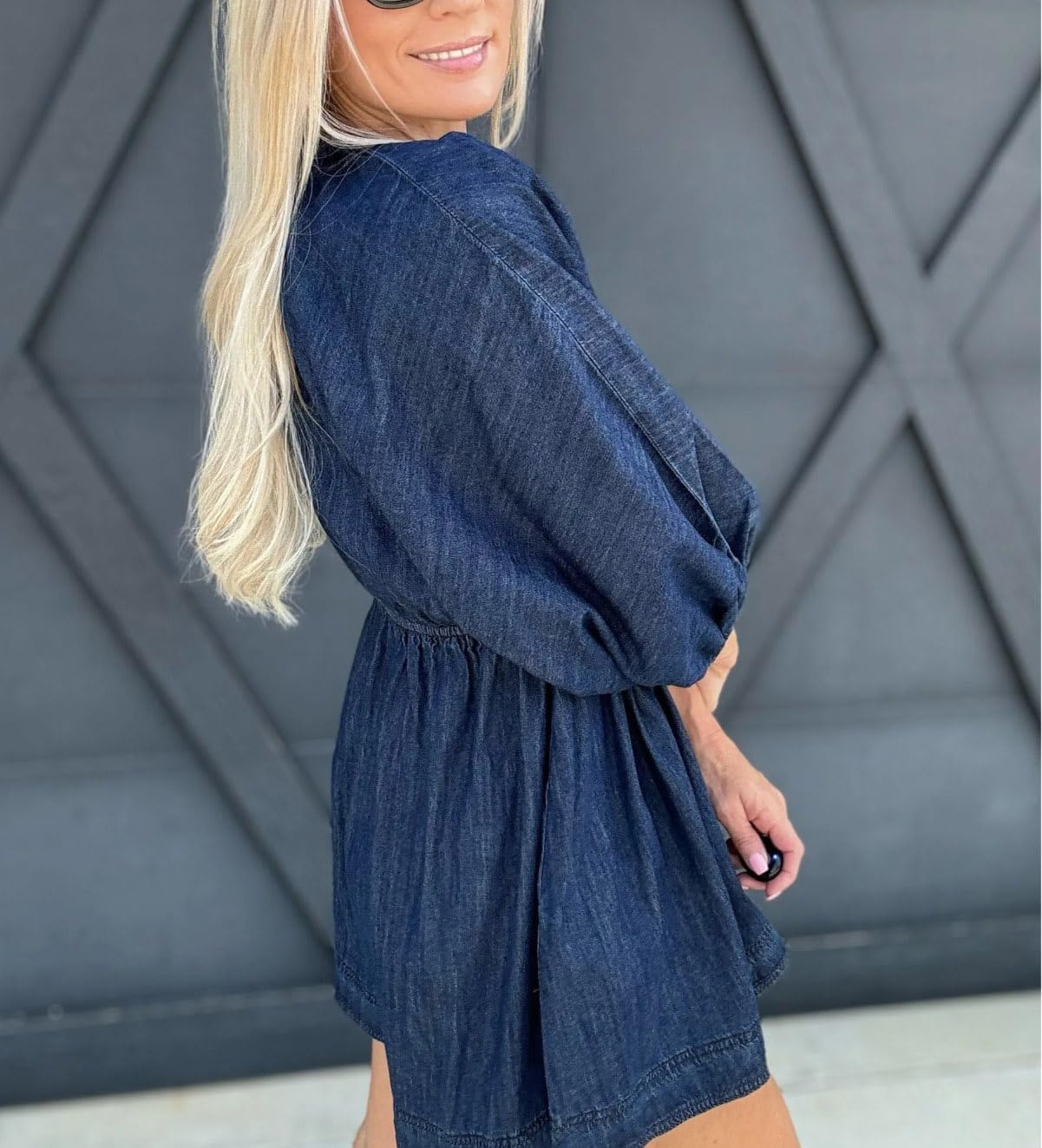 yoeasy Women's V Neck Denim Dress Casual Puff Sleeve Swing Ruffle Flowy A Line Mini Jean Babydoll Dress