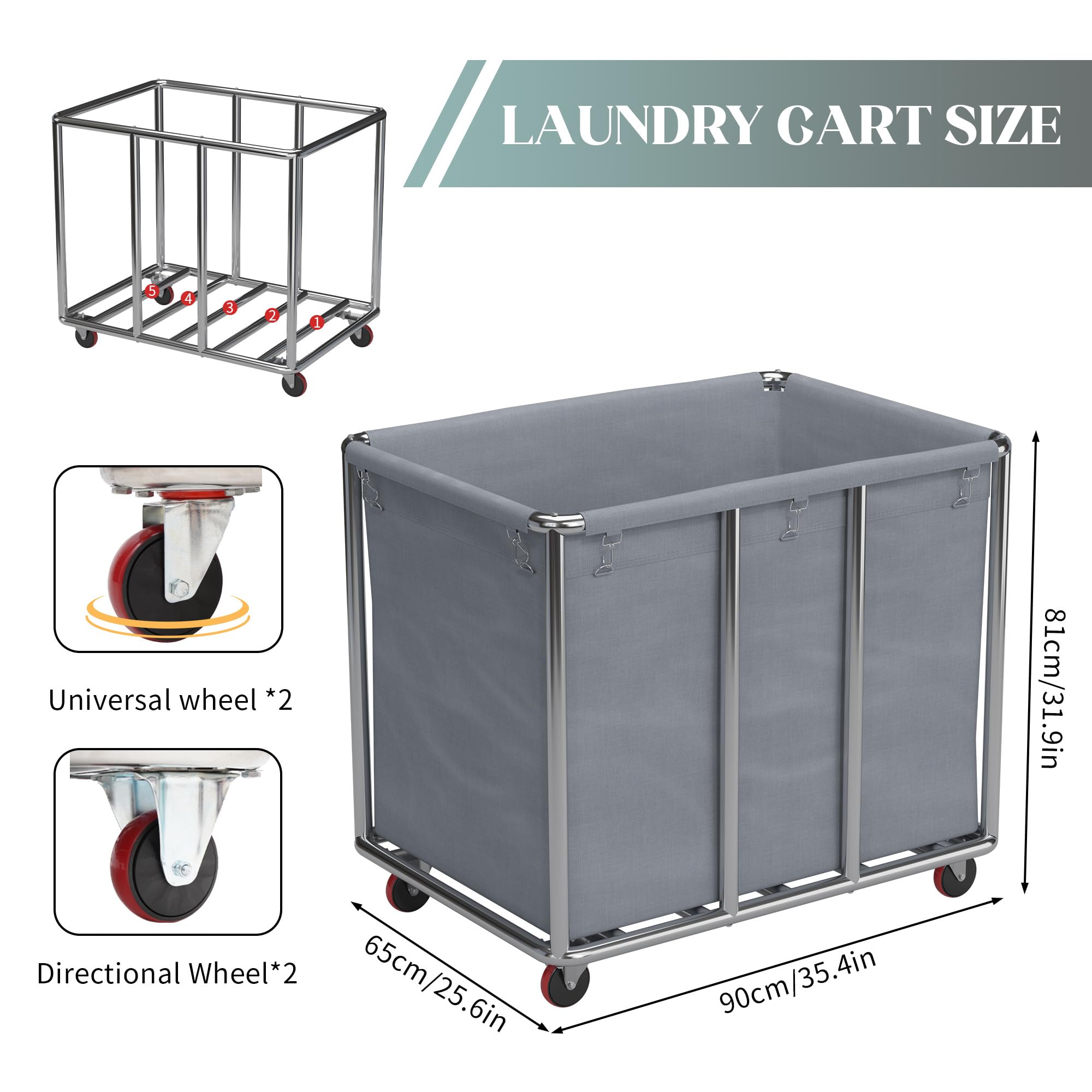 Carro de lavandería de acero inoxidable, carrito de lavandería comercial, cesta grande con ruedas, cestas laundry para el hogar, hotel, lavandería, hospitales, 90 × 65 × 81 cm (gris)