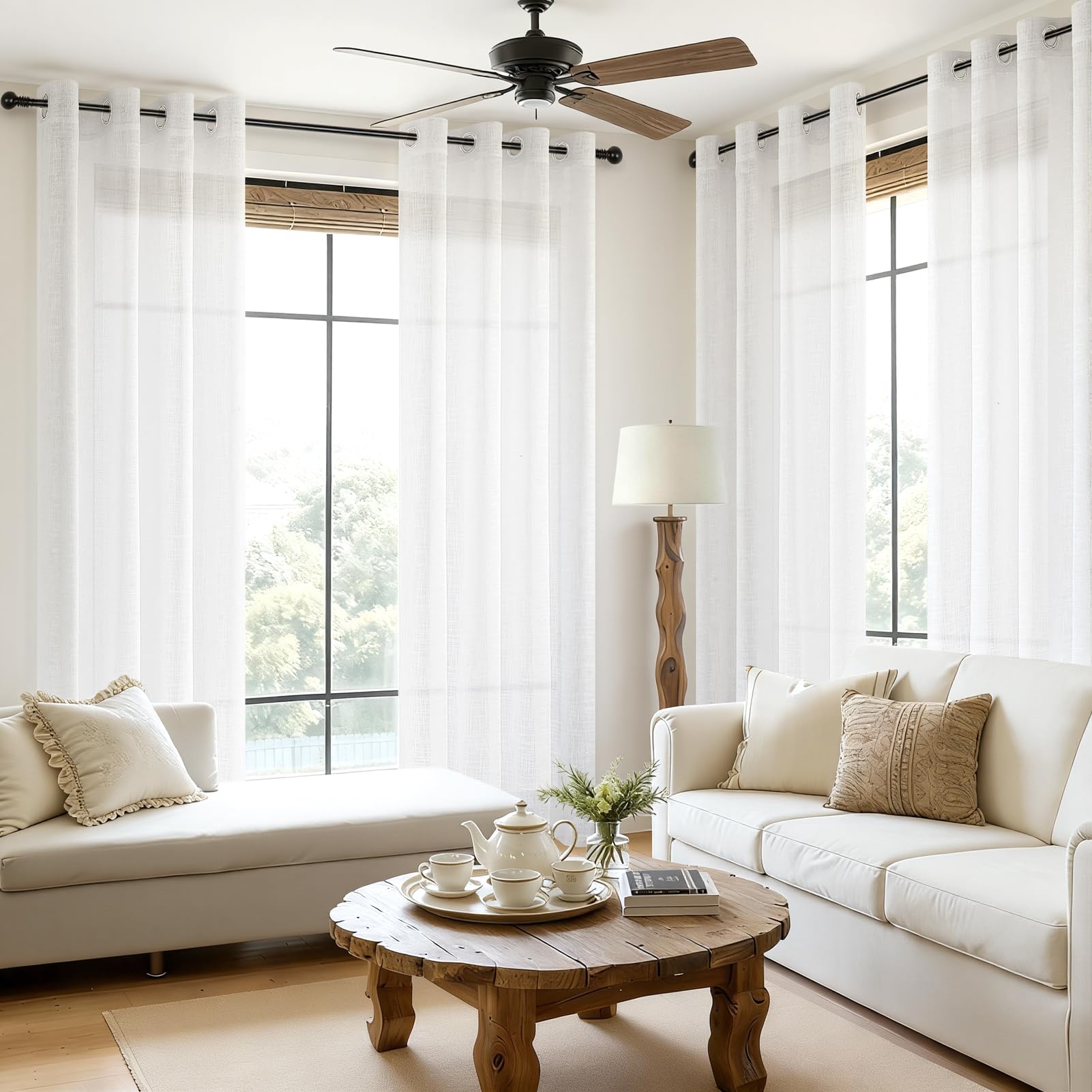 MRTREES Gardinen Leinenoptik mit Ösen 2er Set,Vorhang Weiß 245x140 cm | Vorhänge Halbtransparent,Boho Style,Landhaus,für Wohnzimmer Modern,Schlafzimmer,Fenster,Kinderzimmer,Kaffeehaus,Balkontür