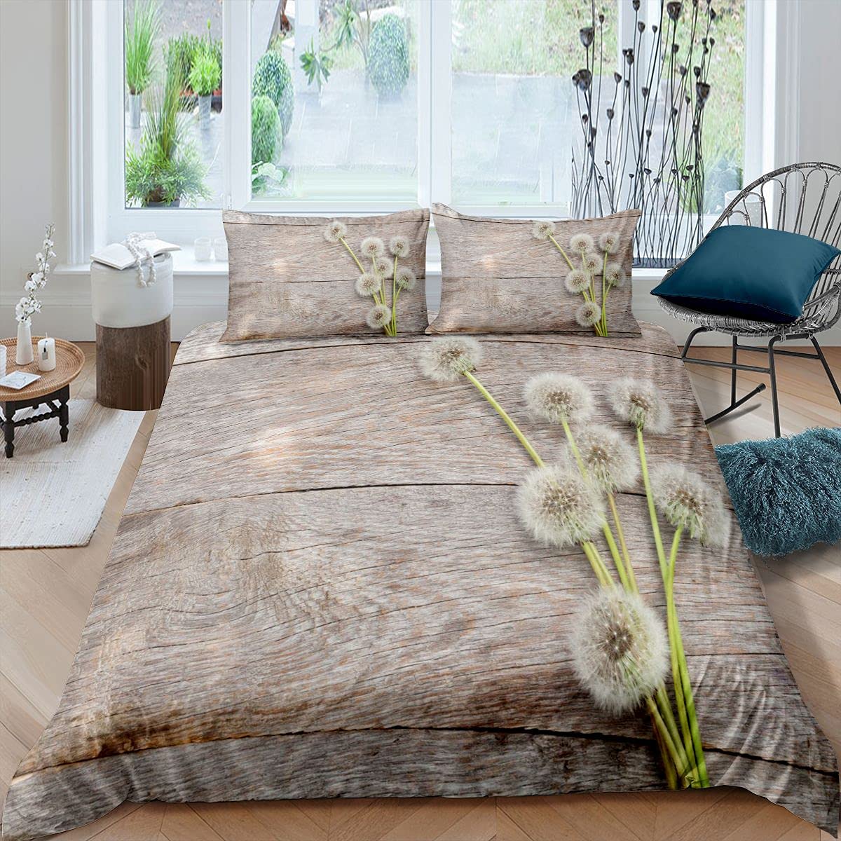 Set di biancheria da letto con stampa floreale botanica con dente di leone e fiori, per ragazzi, ragazze, bambini, adolescenti, copriletto, in legno, con 2 federe